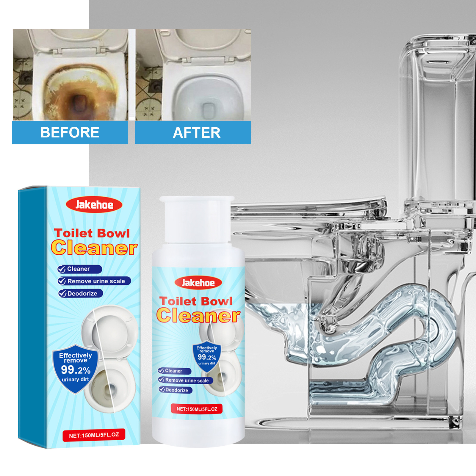 Toilet bowl before and after cleaner treatment