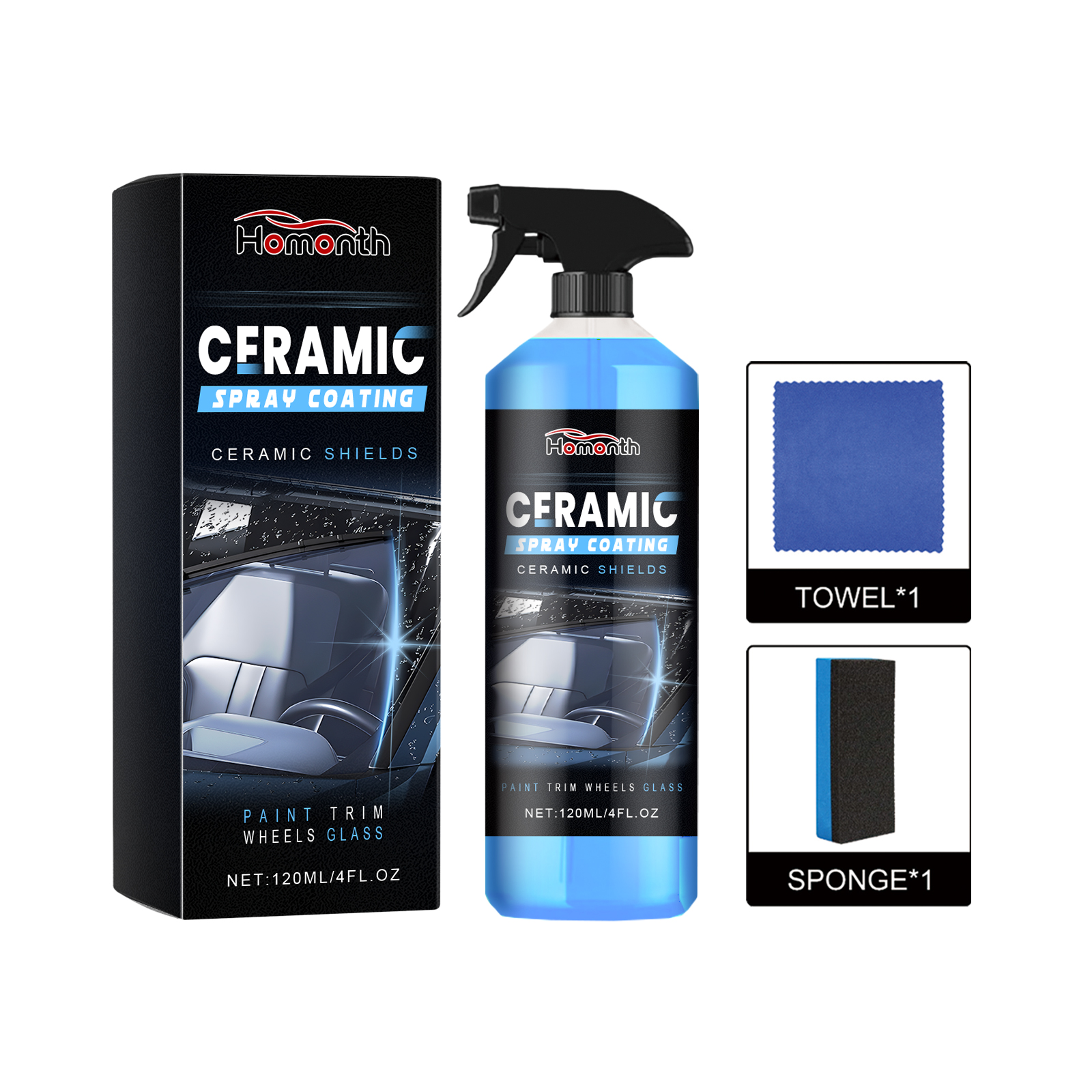 Blue translucent ceramic coating bottle with automotive box