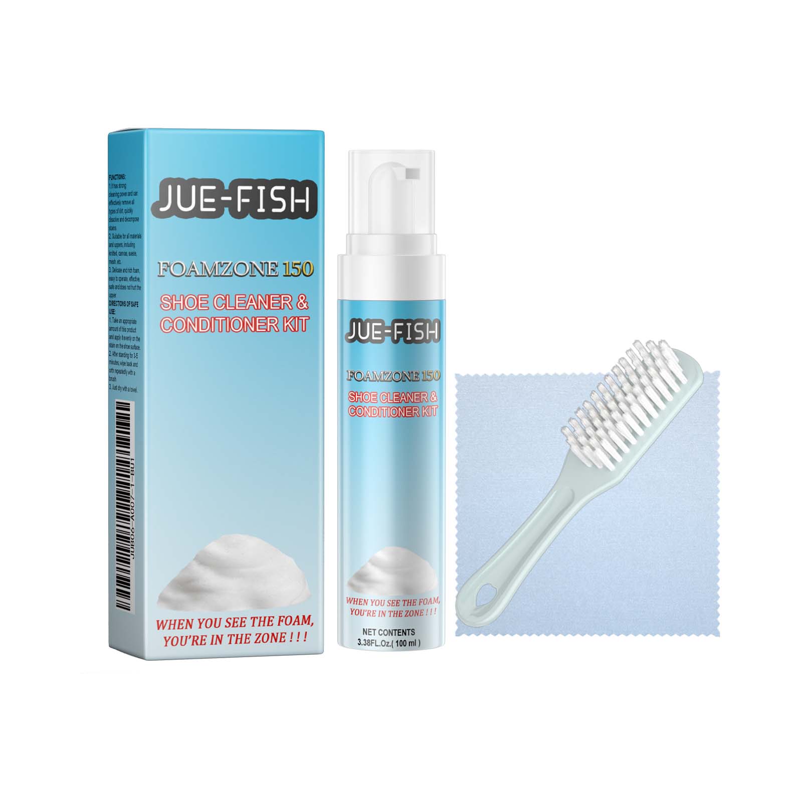 Shoe cleaner bottle brush cloth and carton complete kit
