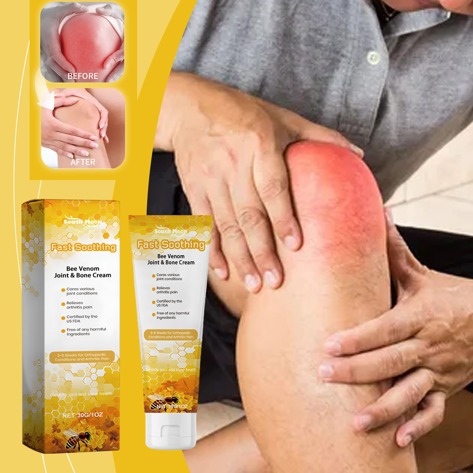 Adult massaging cream onto a visibly uncomfortable knee
