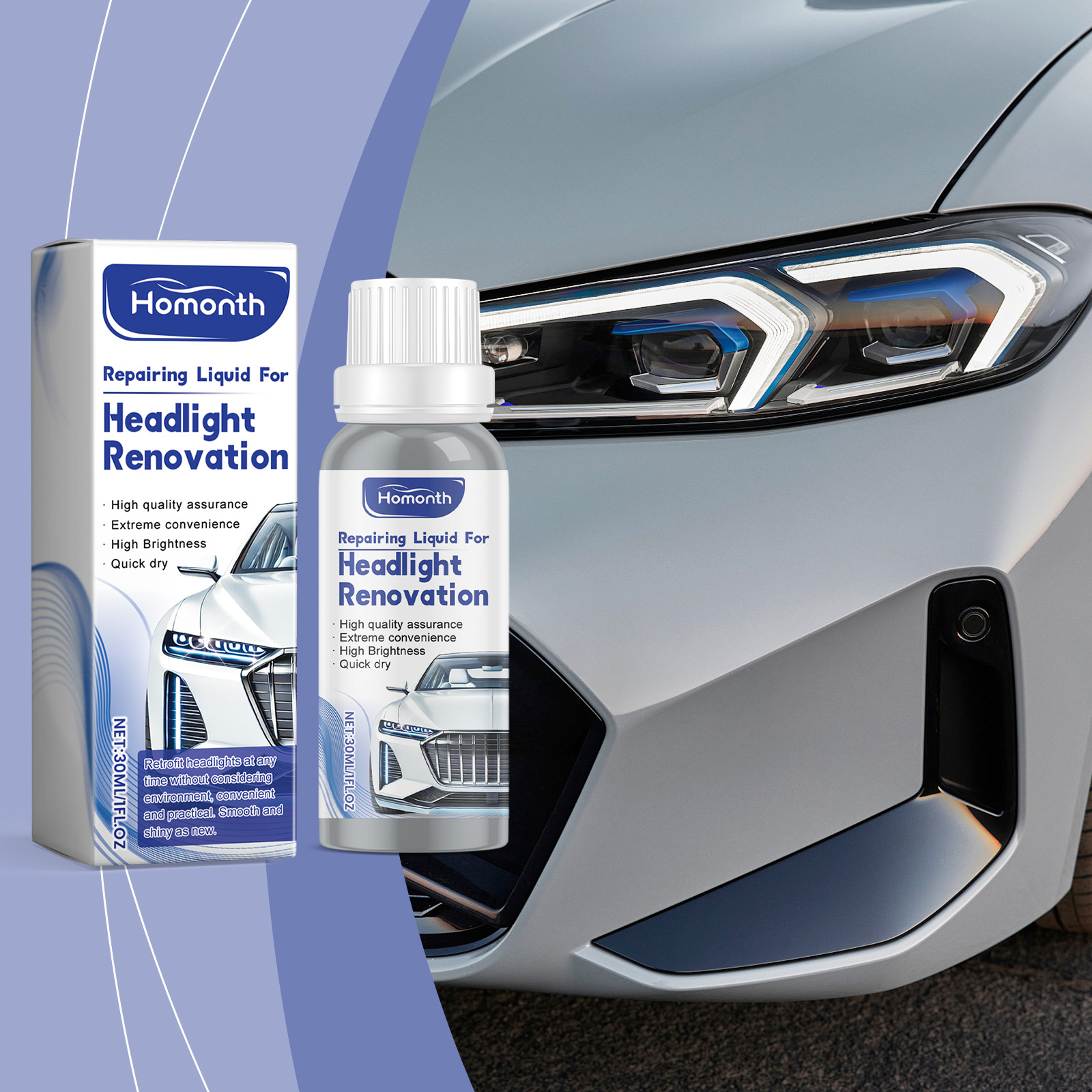 Headlight renovation bottle beside car lamp