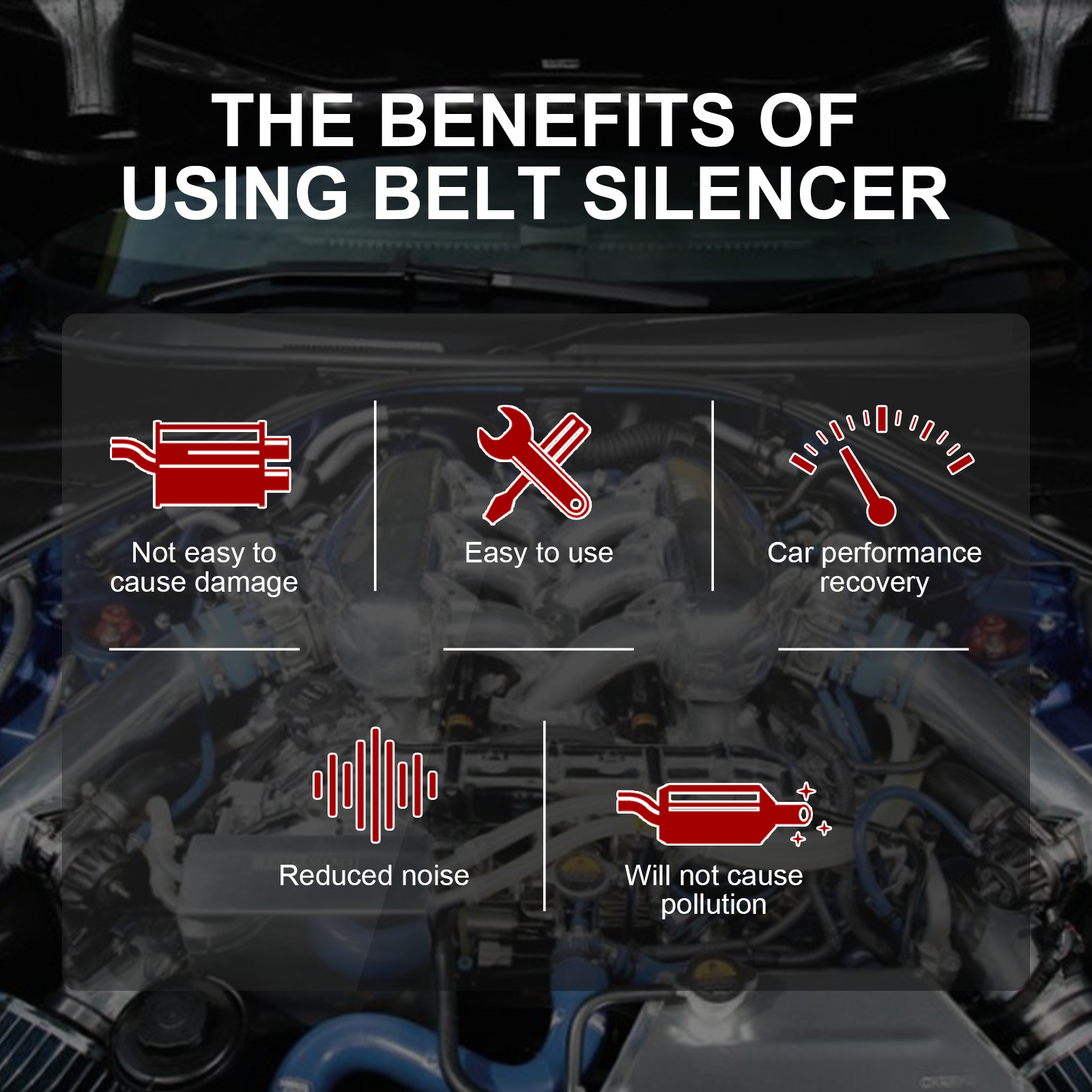 Belt Silencer benefits graphic with automotive claims