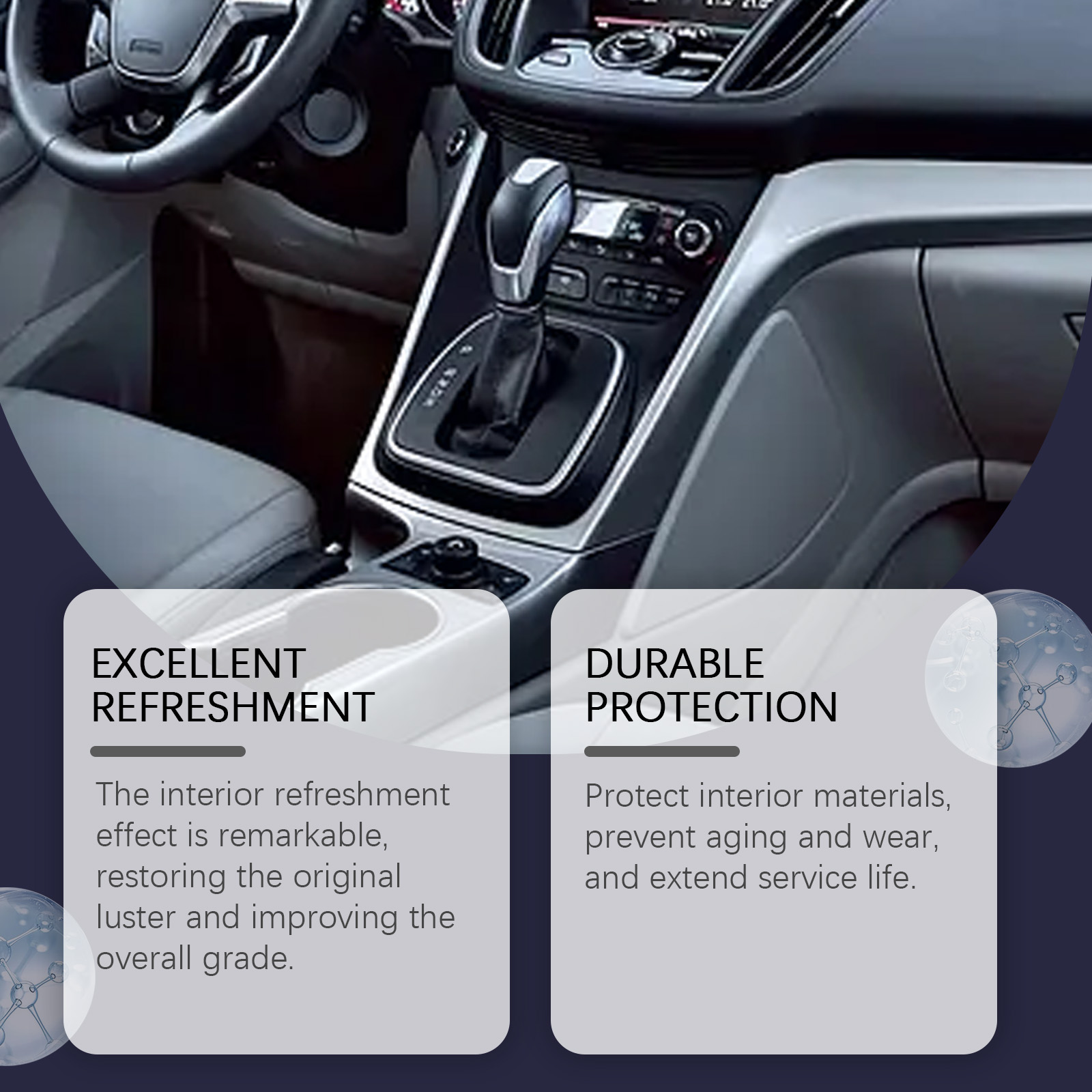 Car interior trim shown with protective care treatment