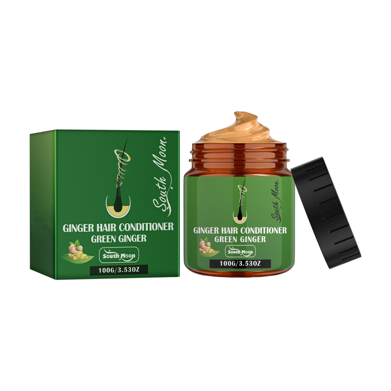 Amber conditioner jar beside included black comb