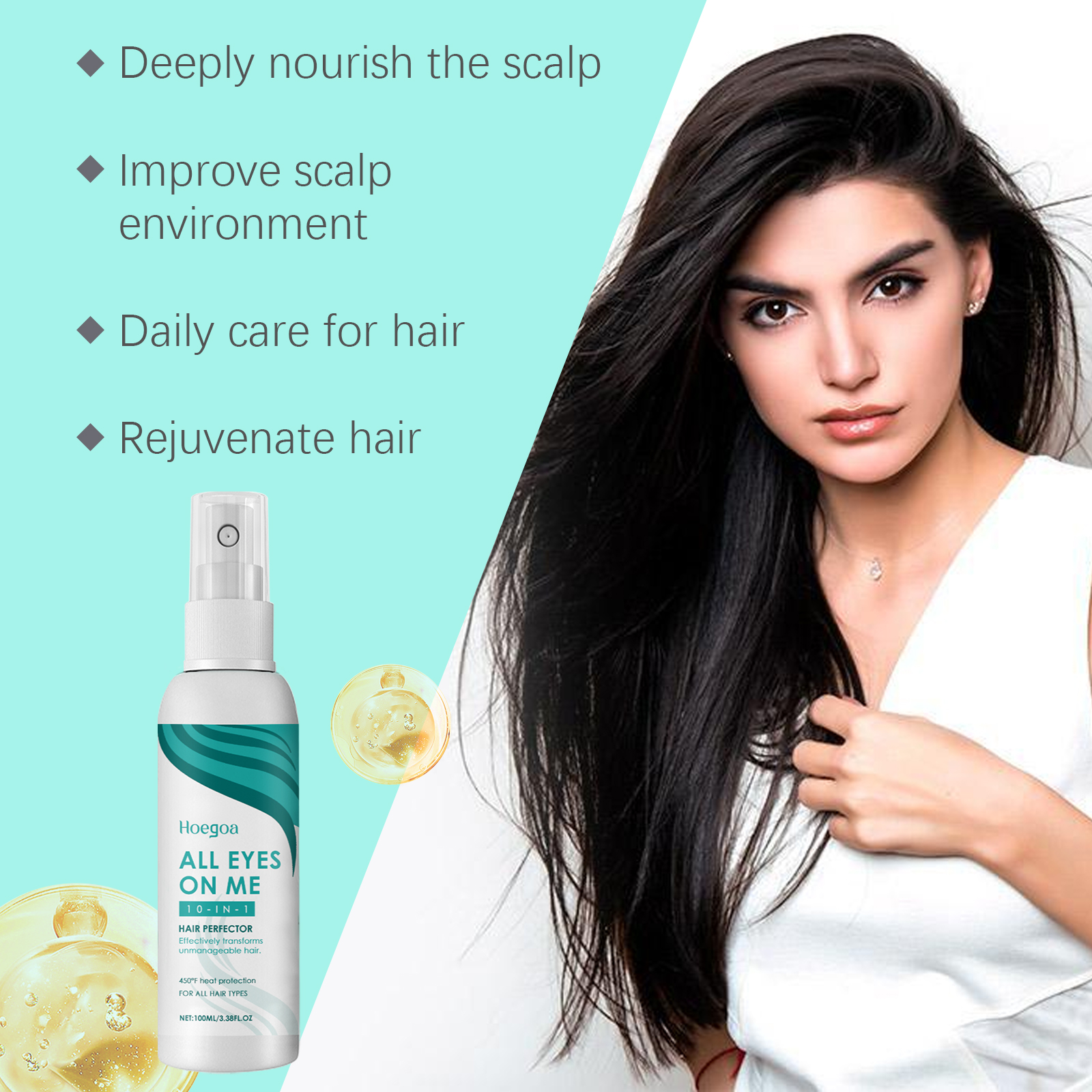 Hair essence spray beside long healthy-looking hair