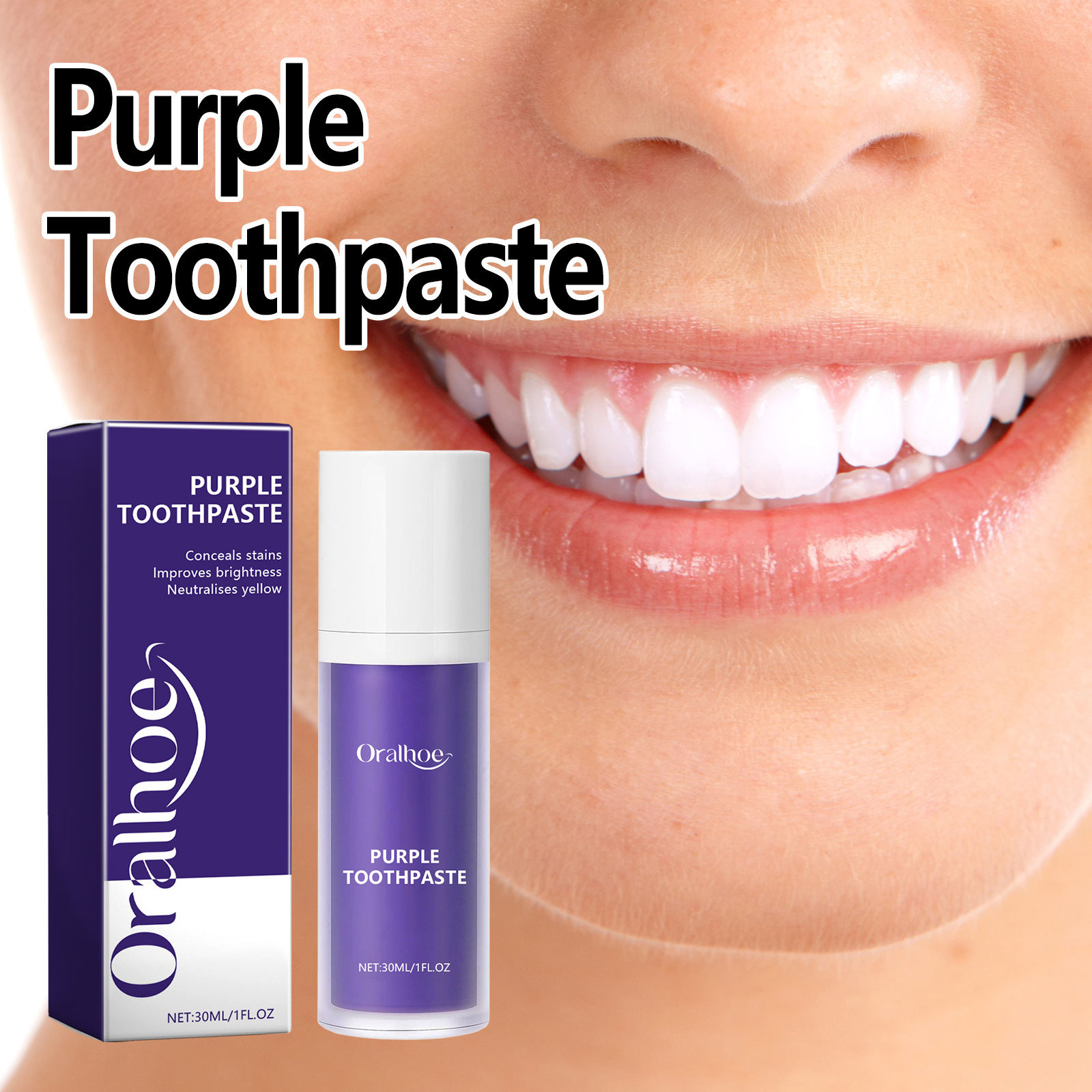Purple toothpaste beside fresh smiling mouth