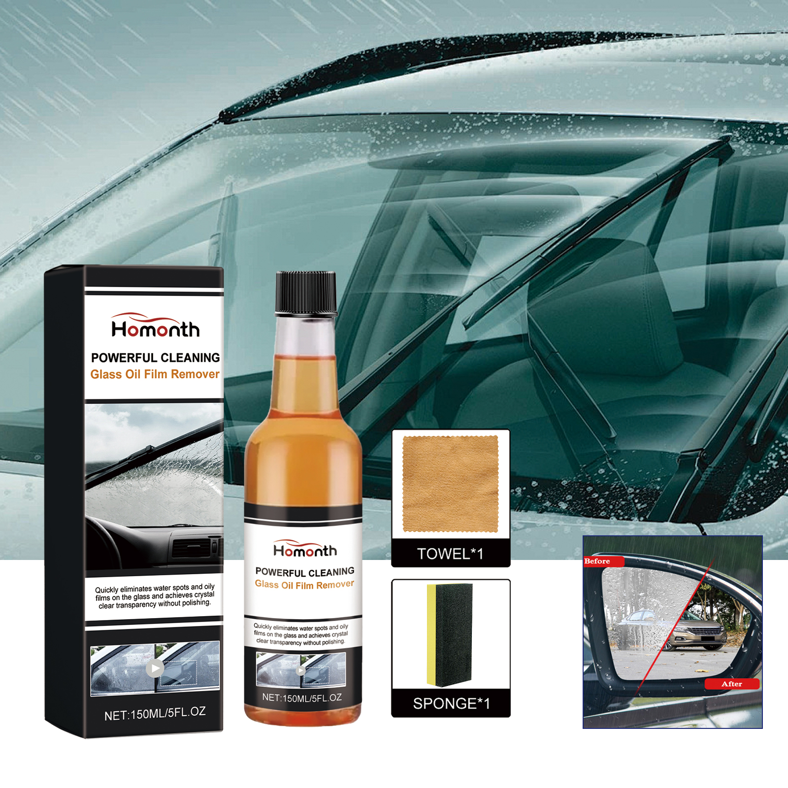 Glass cleaner kit beside vehicle windshield