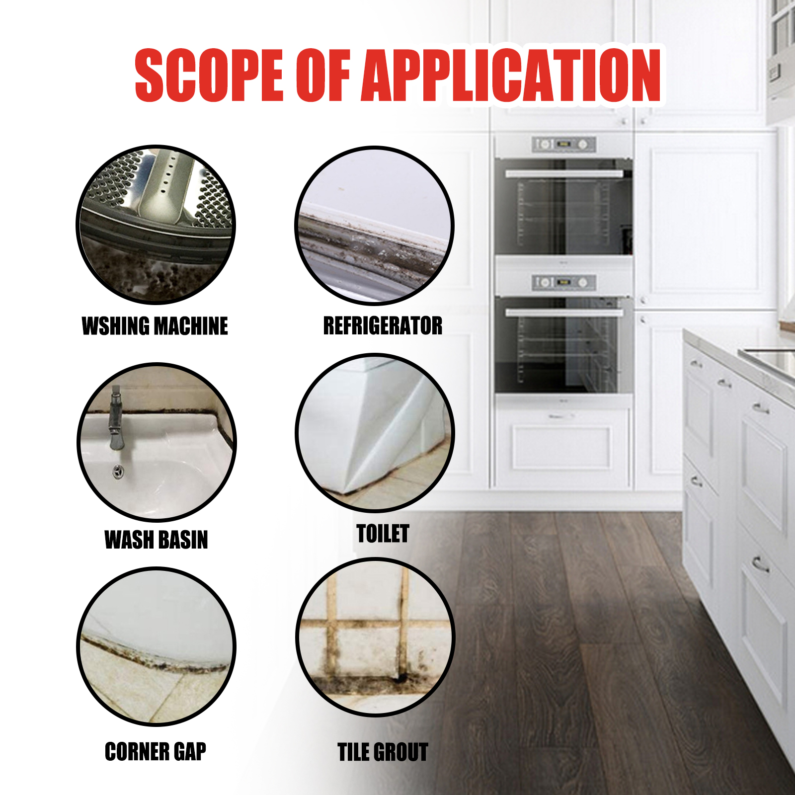 Mold remover application areas in kitchen and bathroom