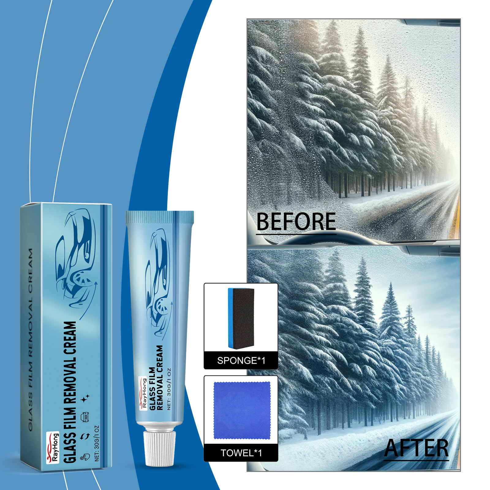 Before and after windshield view showing reduced haze