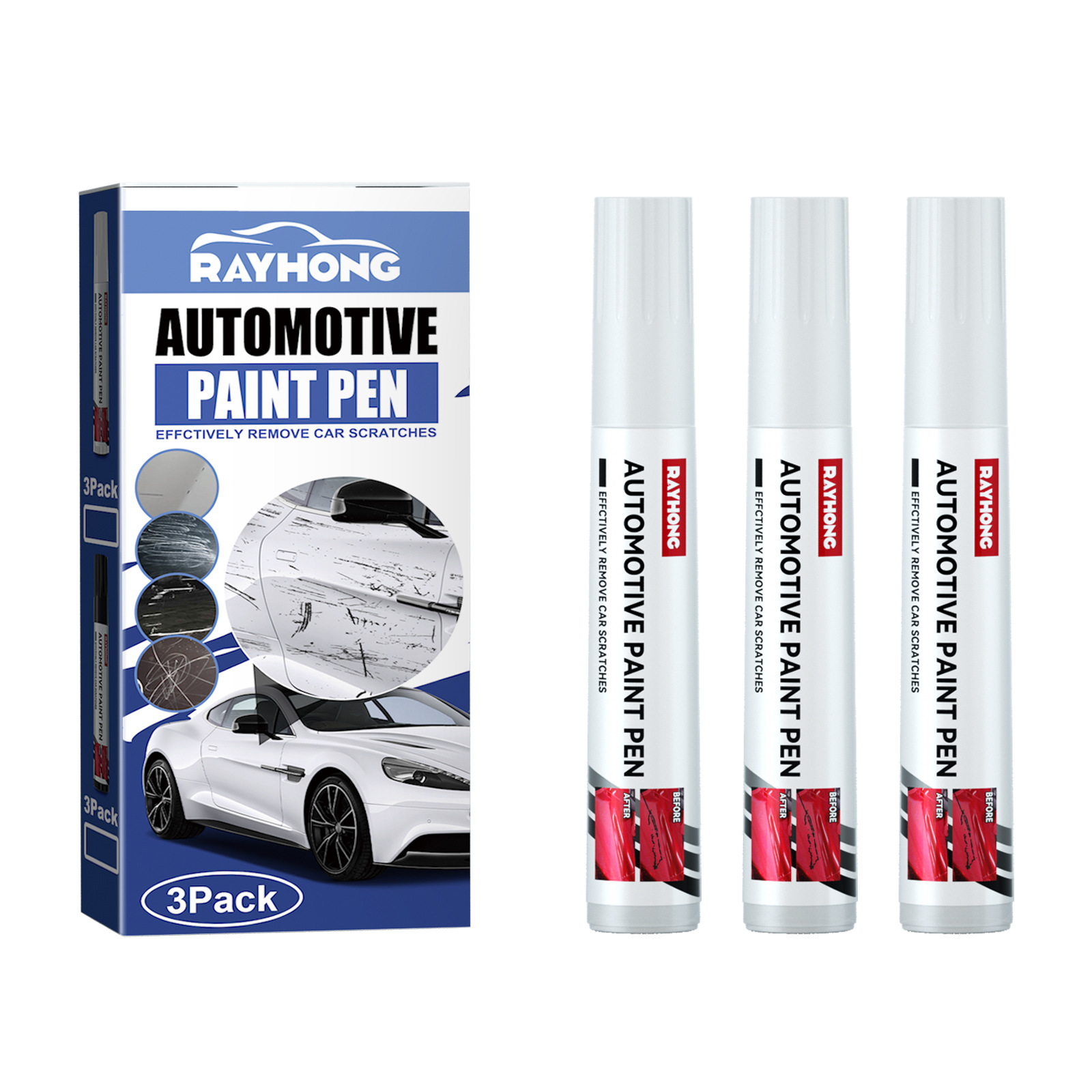 Light paint pen set beside scratched white car panel