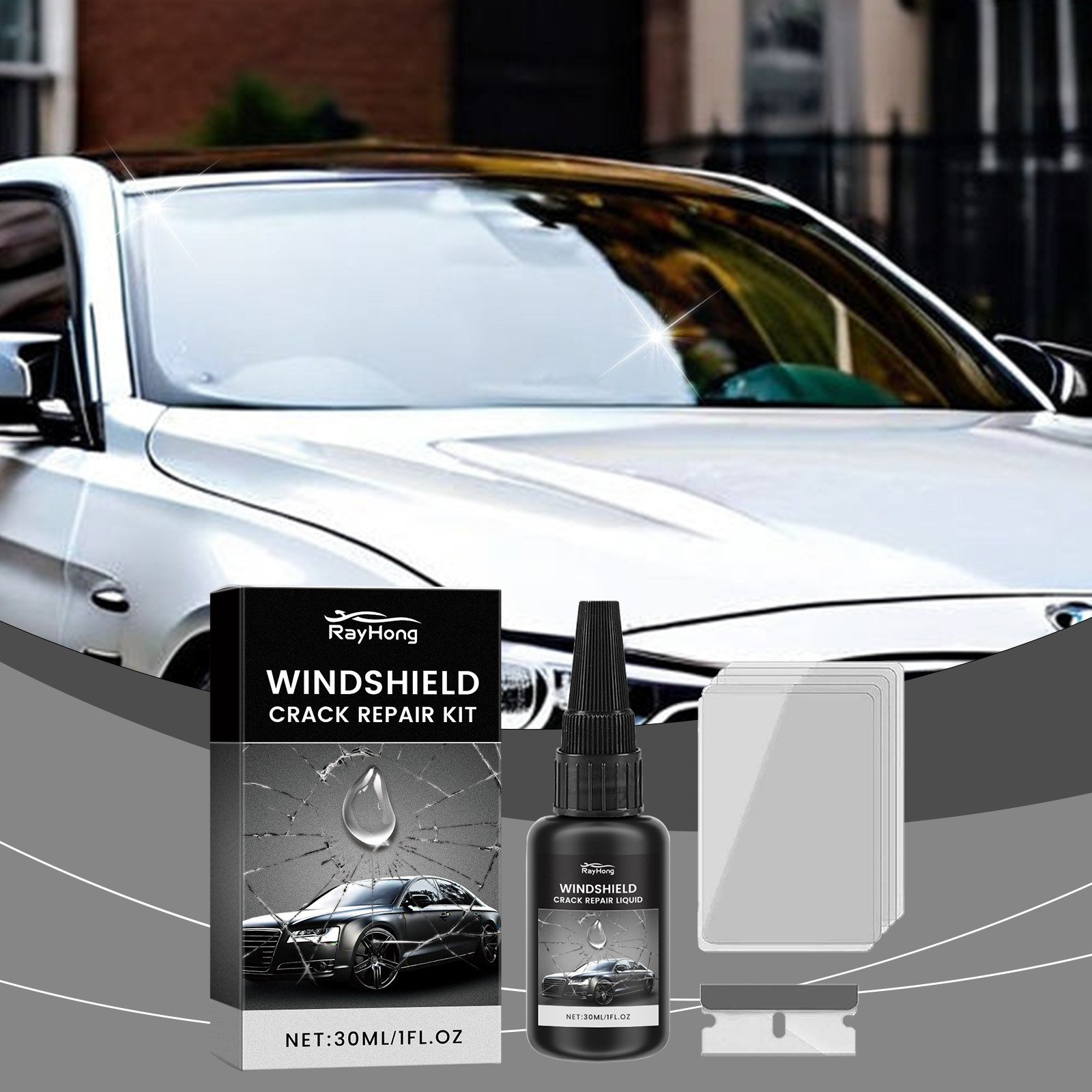 Dedicated windshield repair kit beside car