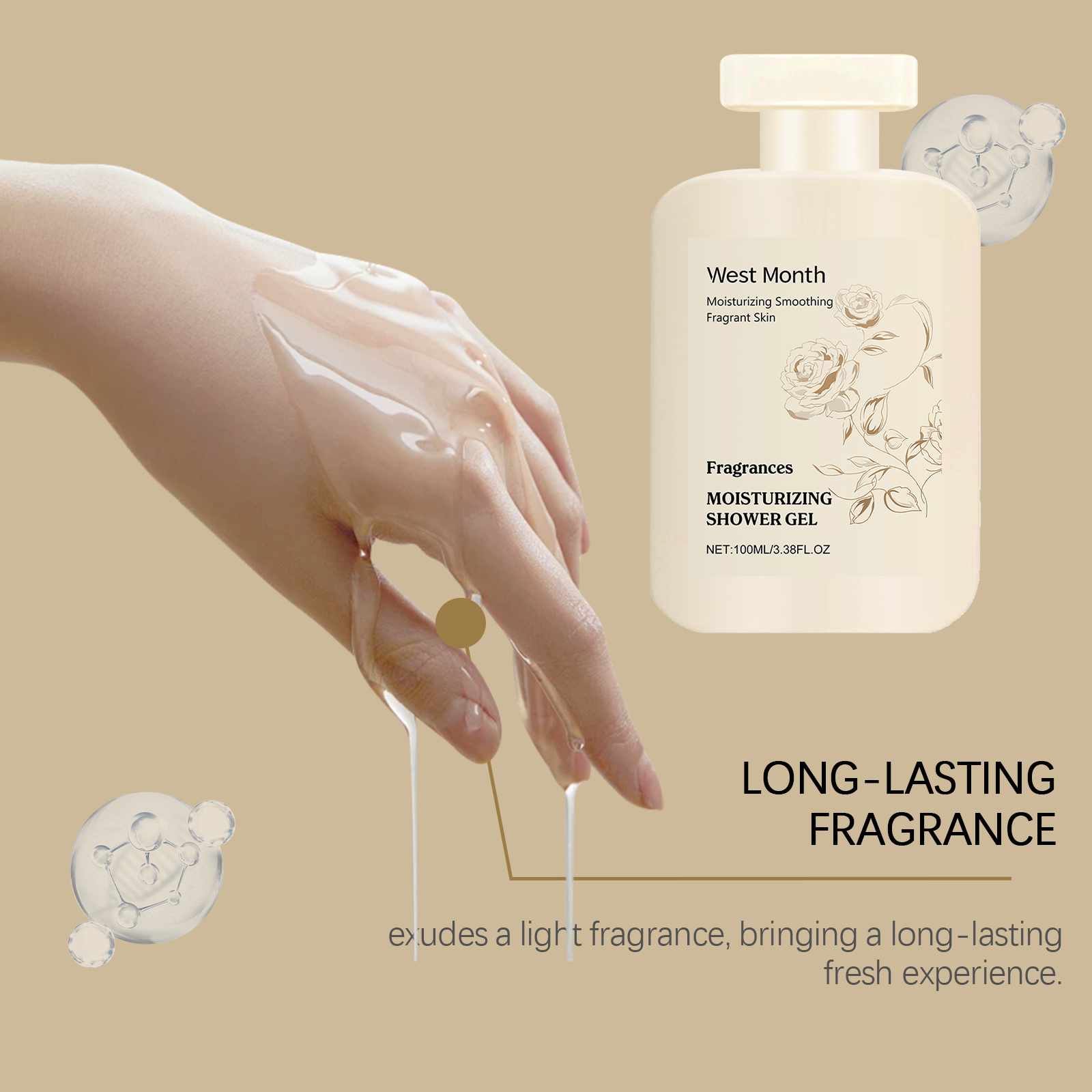 Translucent shower gel texture beside bottle