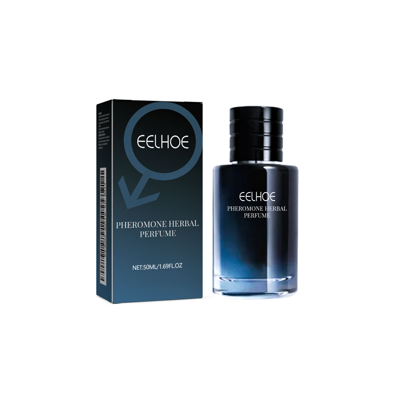 Glossy midnight-blue herbal perfume bottle