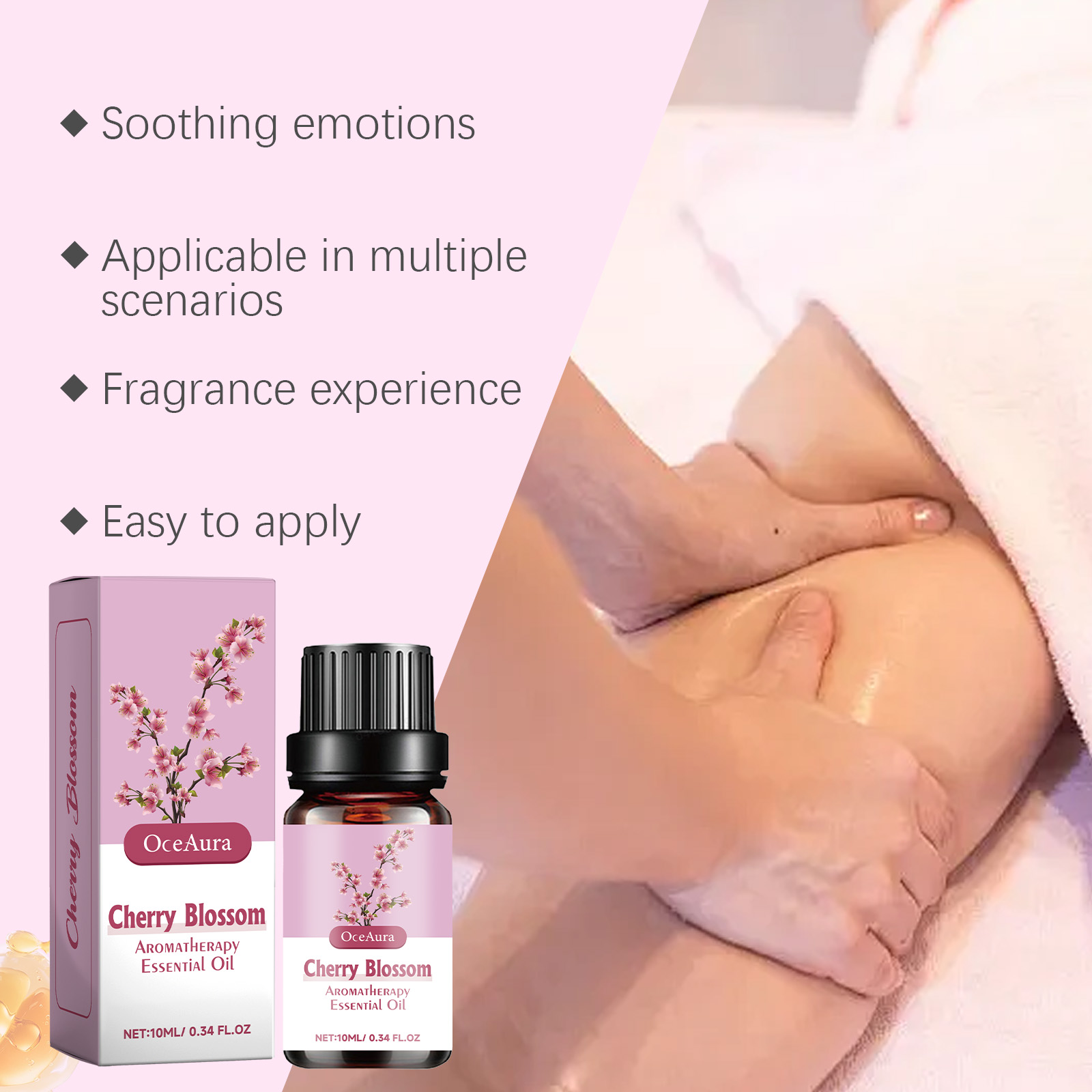Hands demonstrating oil application with soothing benefit icons