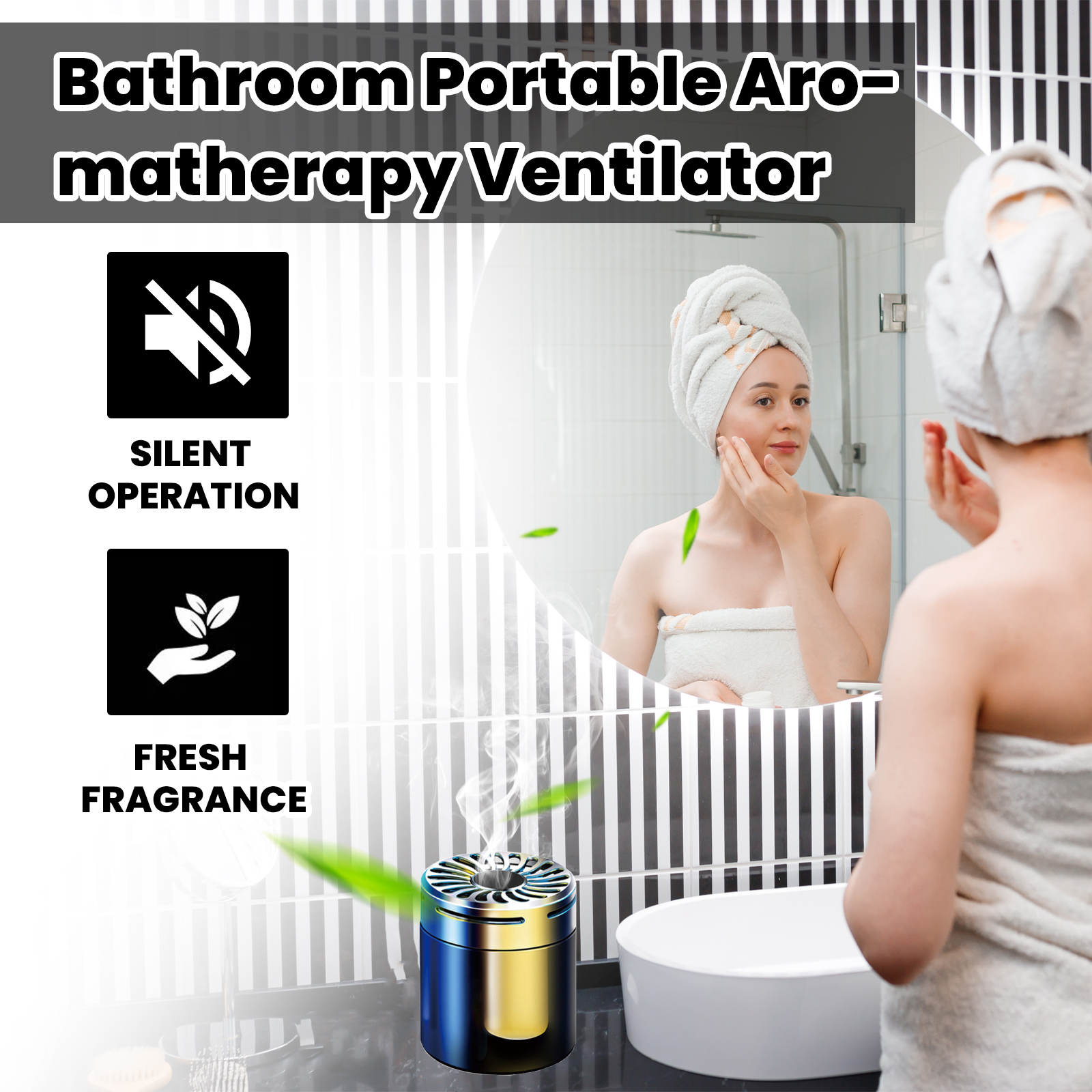 Vented top of portable fragrance ventilator in bathroom