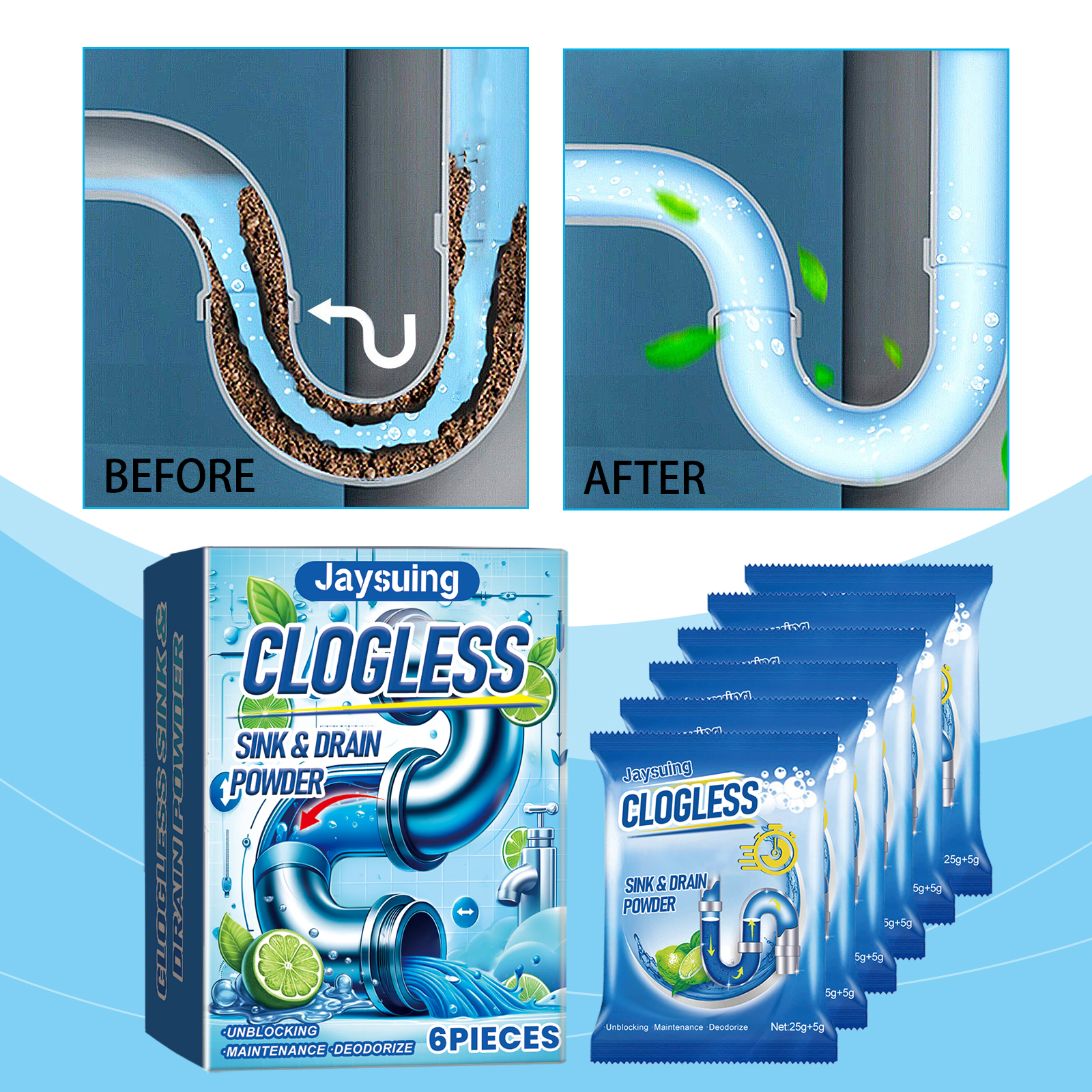 Before and after drain pipe cleaning illustration