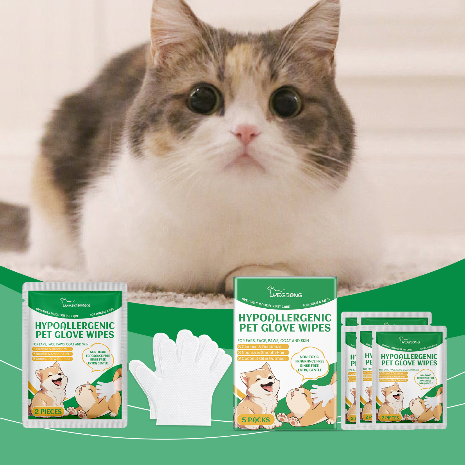 Fluffy cat beside portable pet cleaning wipe packets