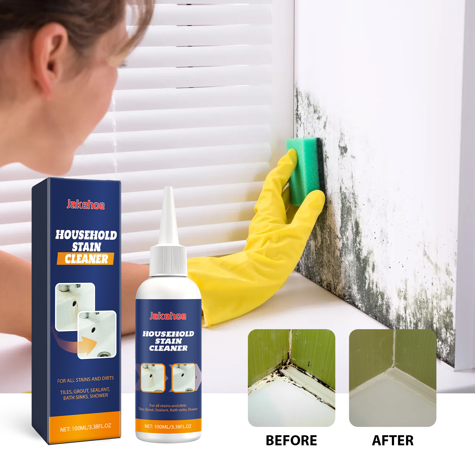 Gloved hand applying cleaner beside mold stained wall