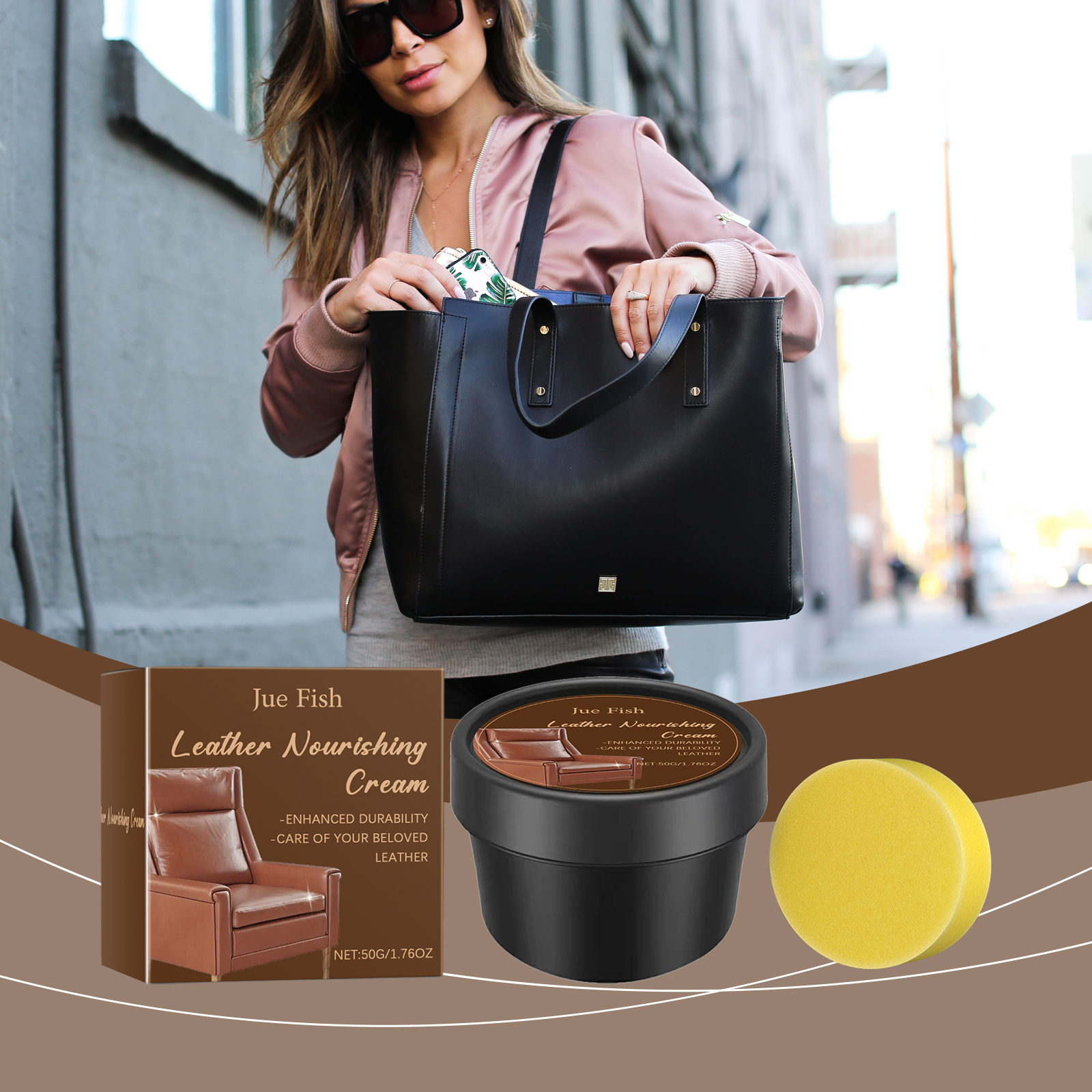 Woman carrying handbag with leather care kit