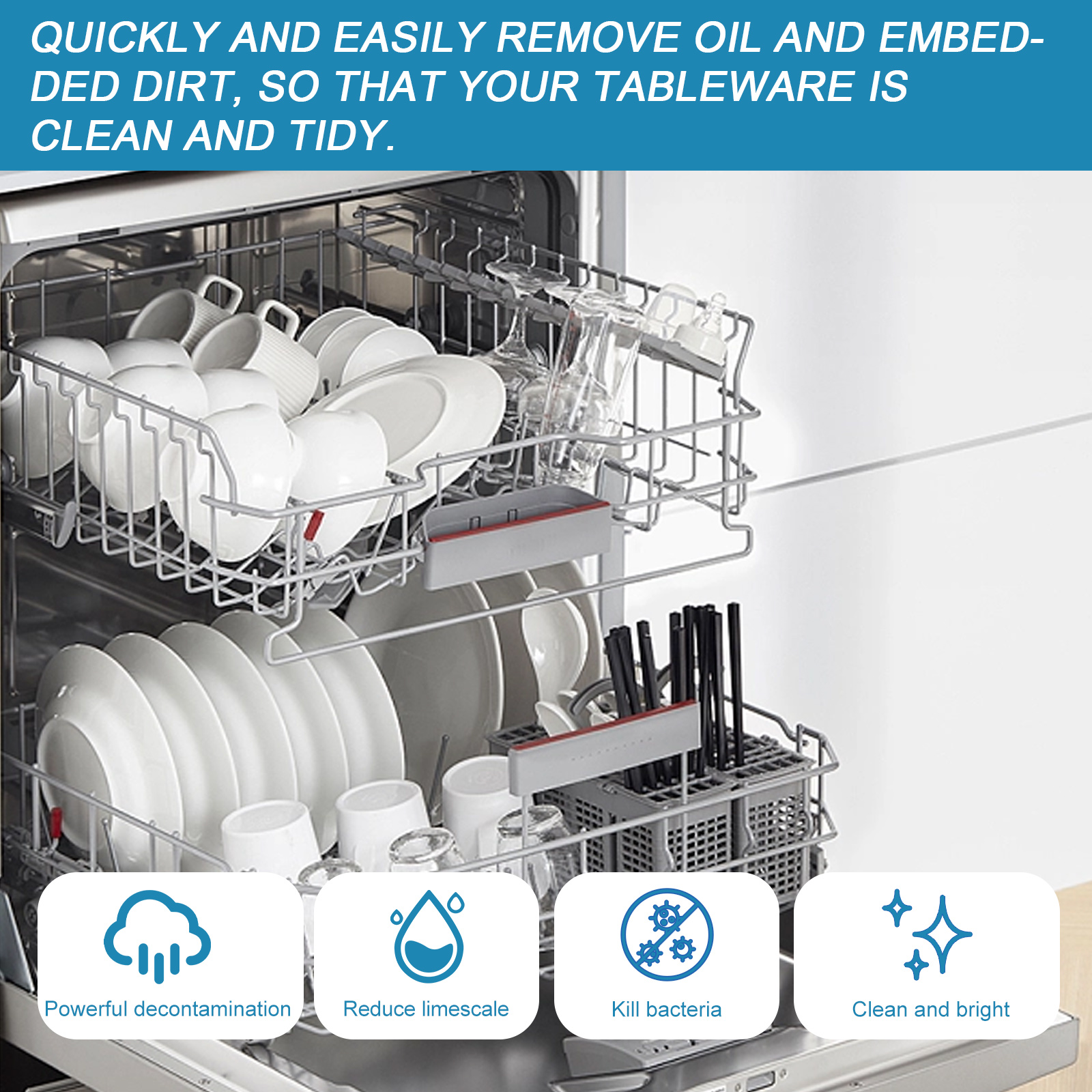 Dishwasher interior with clean and bright benefit icons