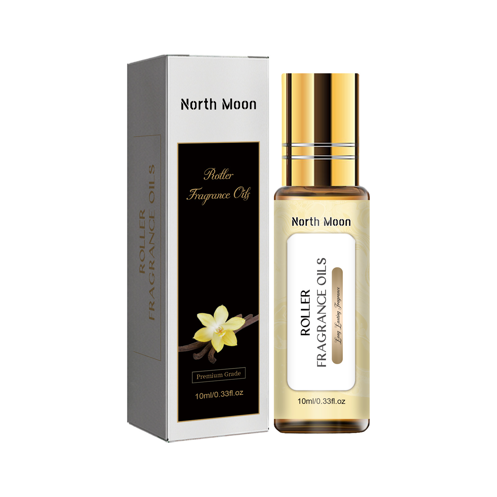 North Moon rollerball bottle showing gold cap and applicator