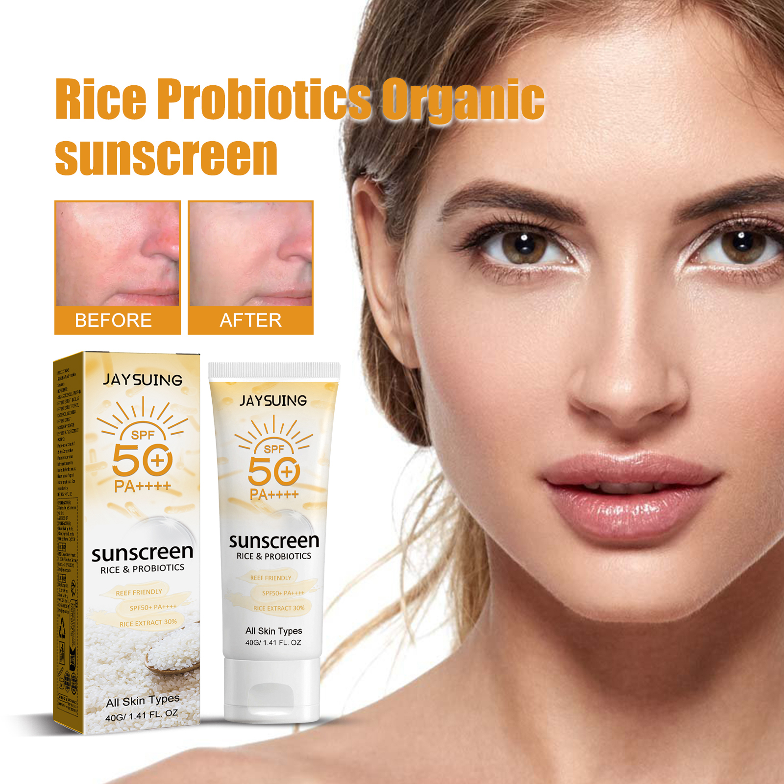 Facial sunscreen shown beside an even-looking complexion