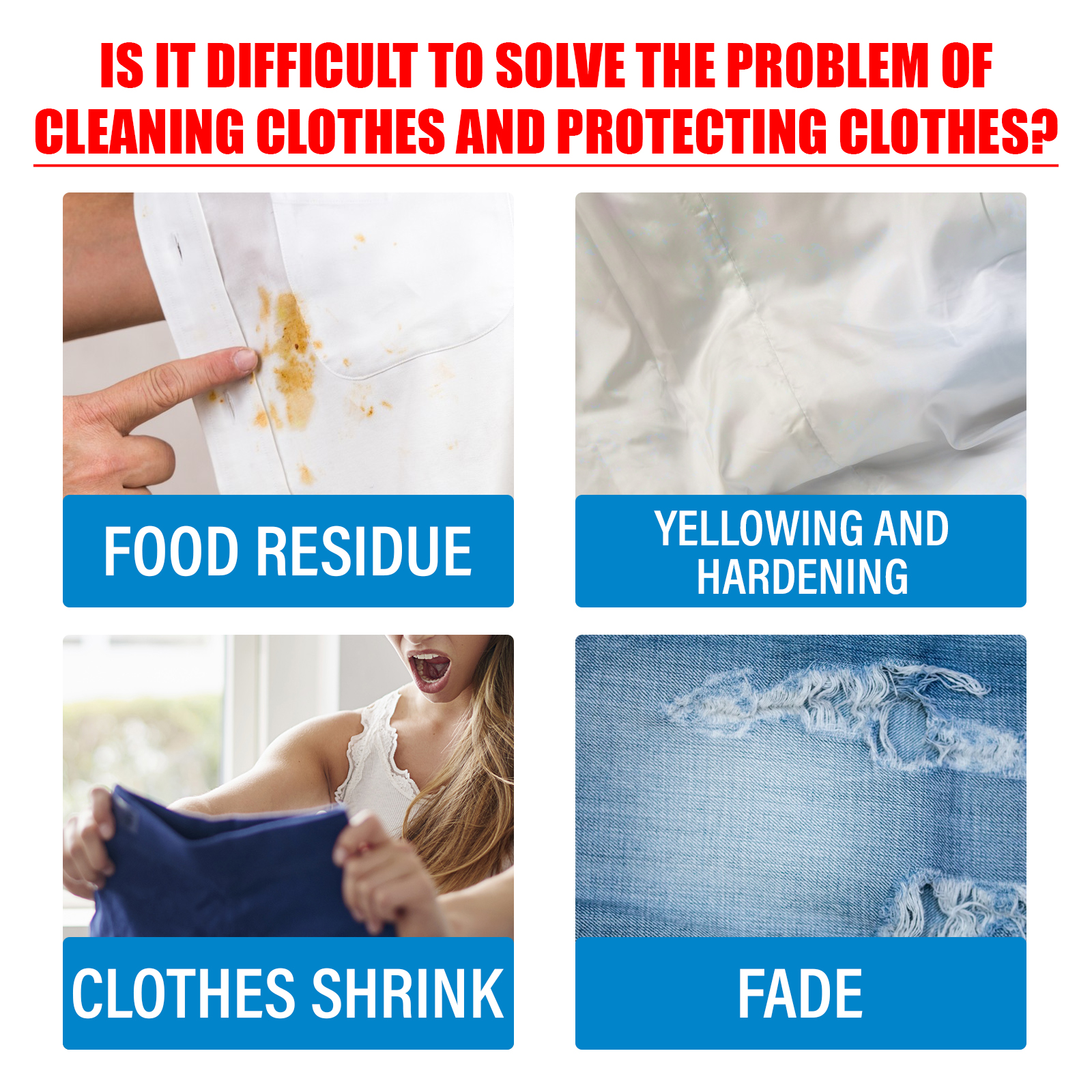 Laundry sheets shown with common clothing care concerns