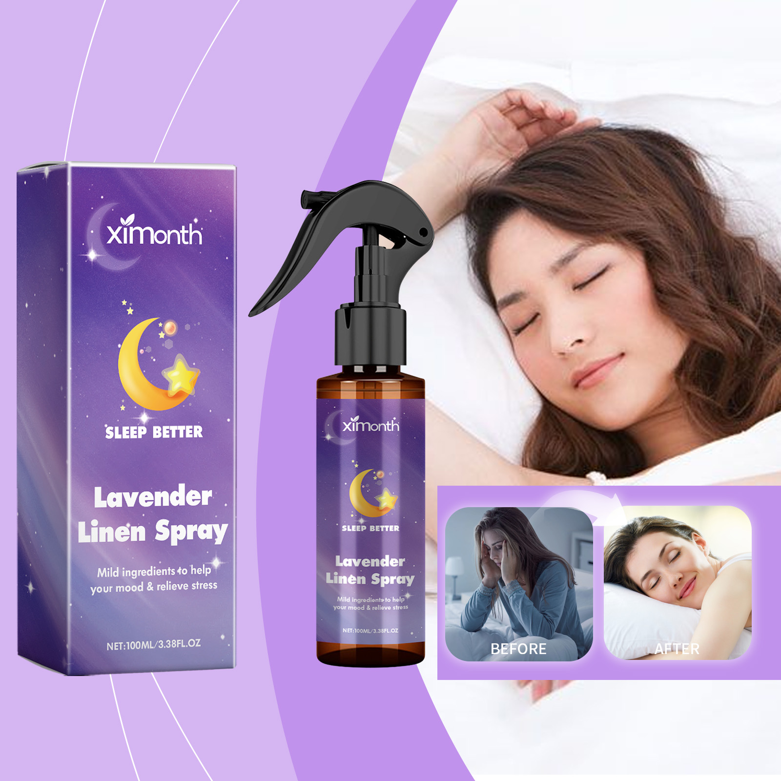Lavender spray beside peaceful sleeping woman