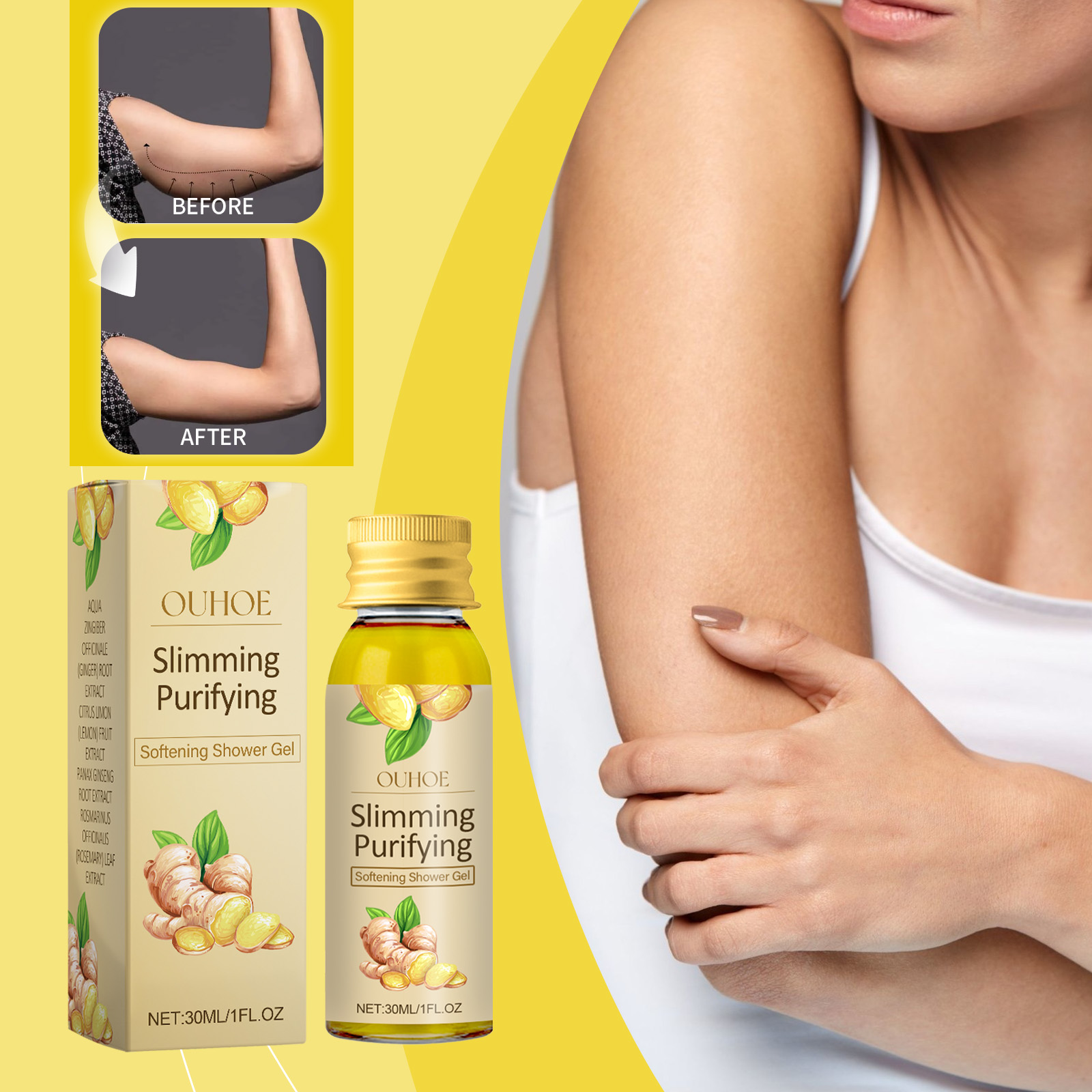 Shower gel beside firmer-looking upper arm comparison graphic