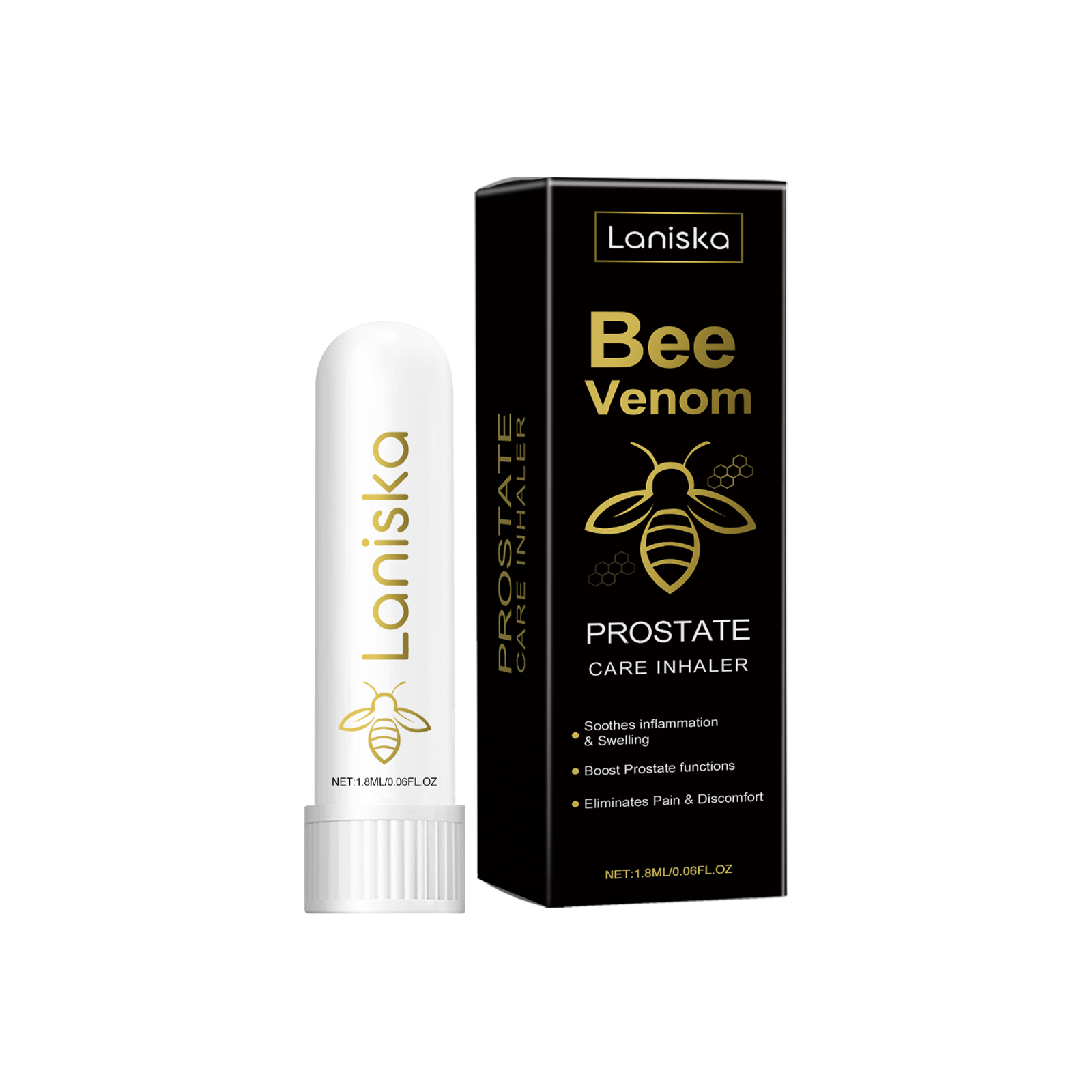 Ribbed cap and bee emblem on compact inhaler