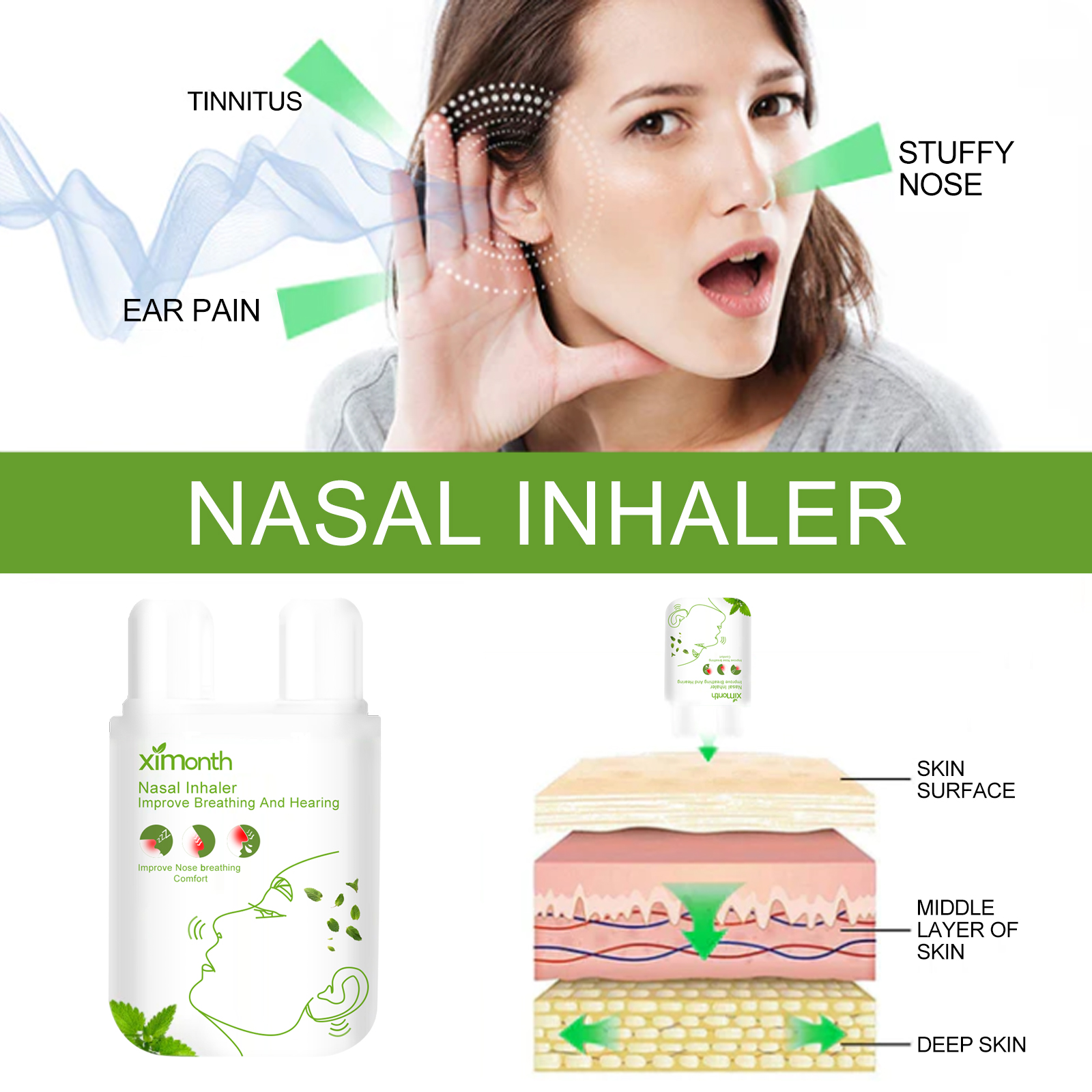 Close view of compact nasal inhaler bottle and protective caps