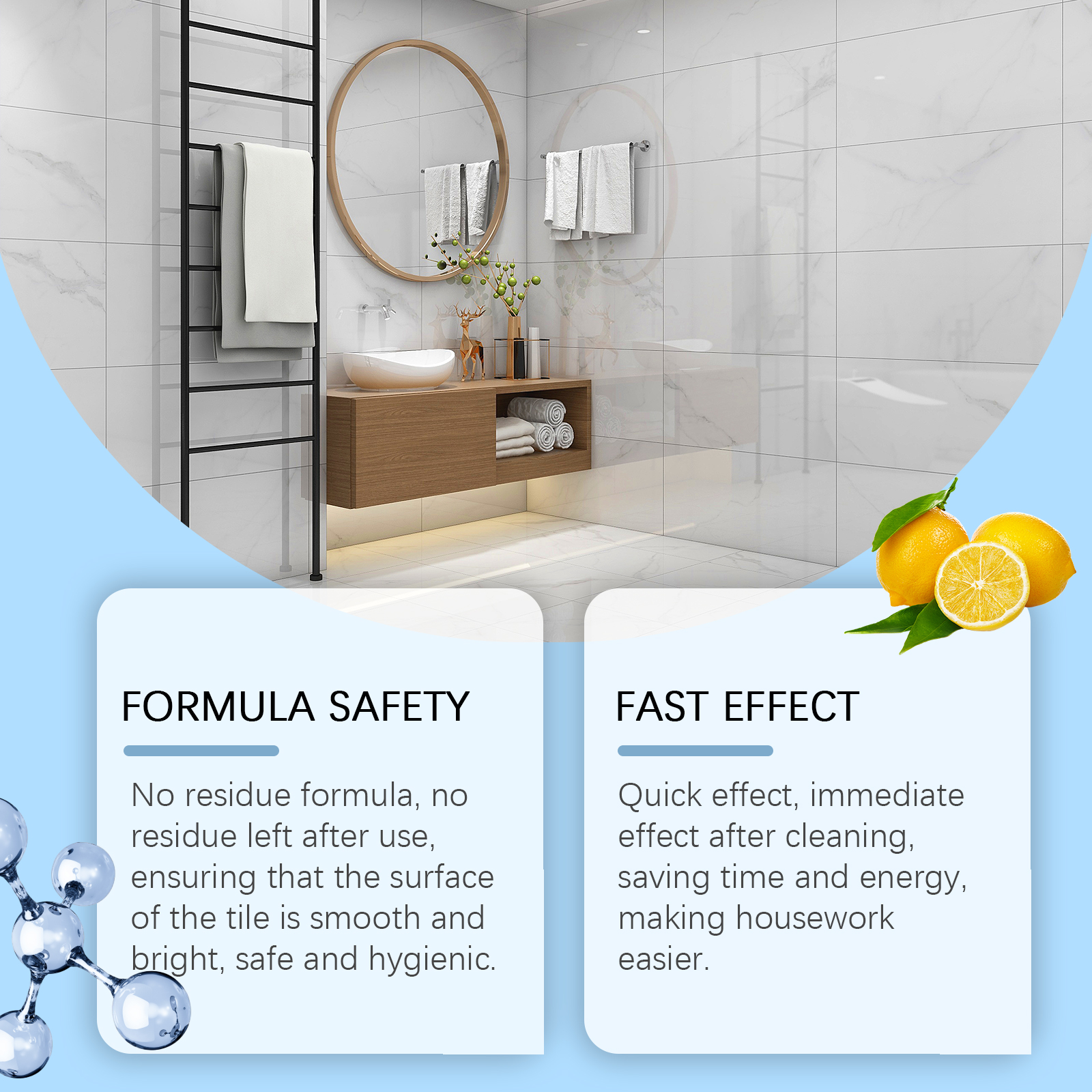 Bright tiled bathroom showing fast cleaning claim