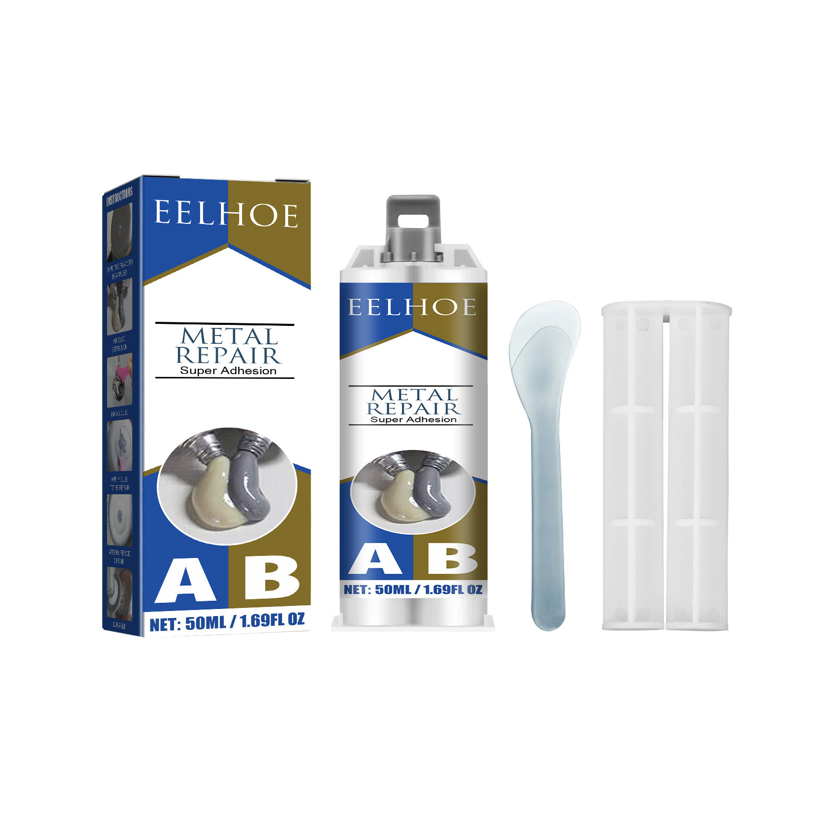 Metal repair glue kit with included application spatula