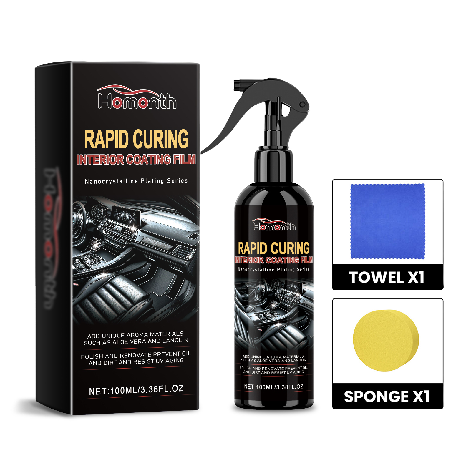 Black spray bottle with blue towel and yellow sponge