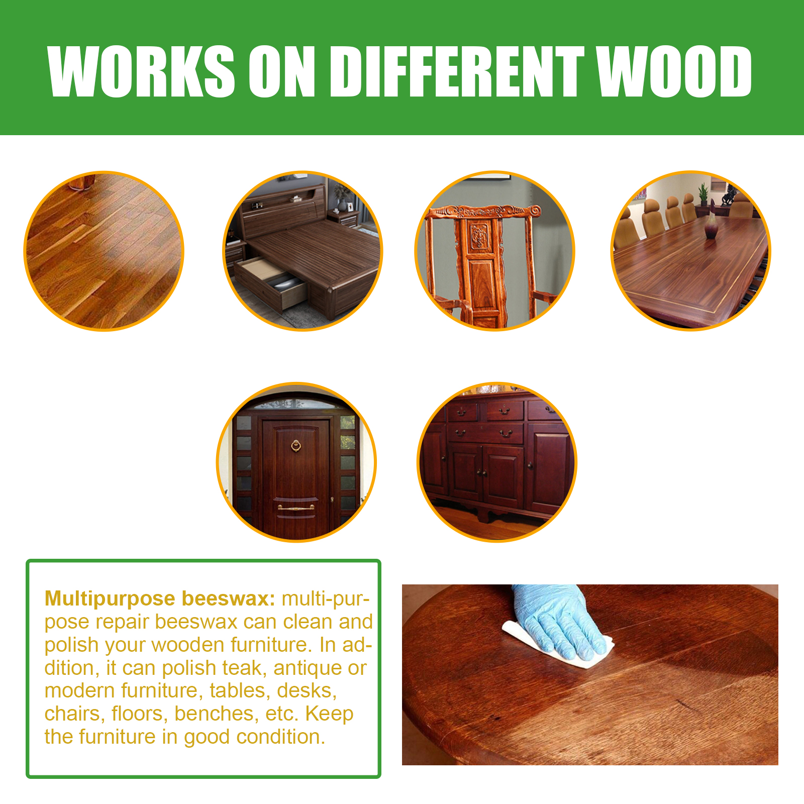 Cloth applying beeswax to household wood surfaces