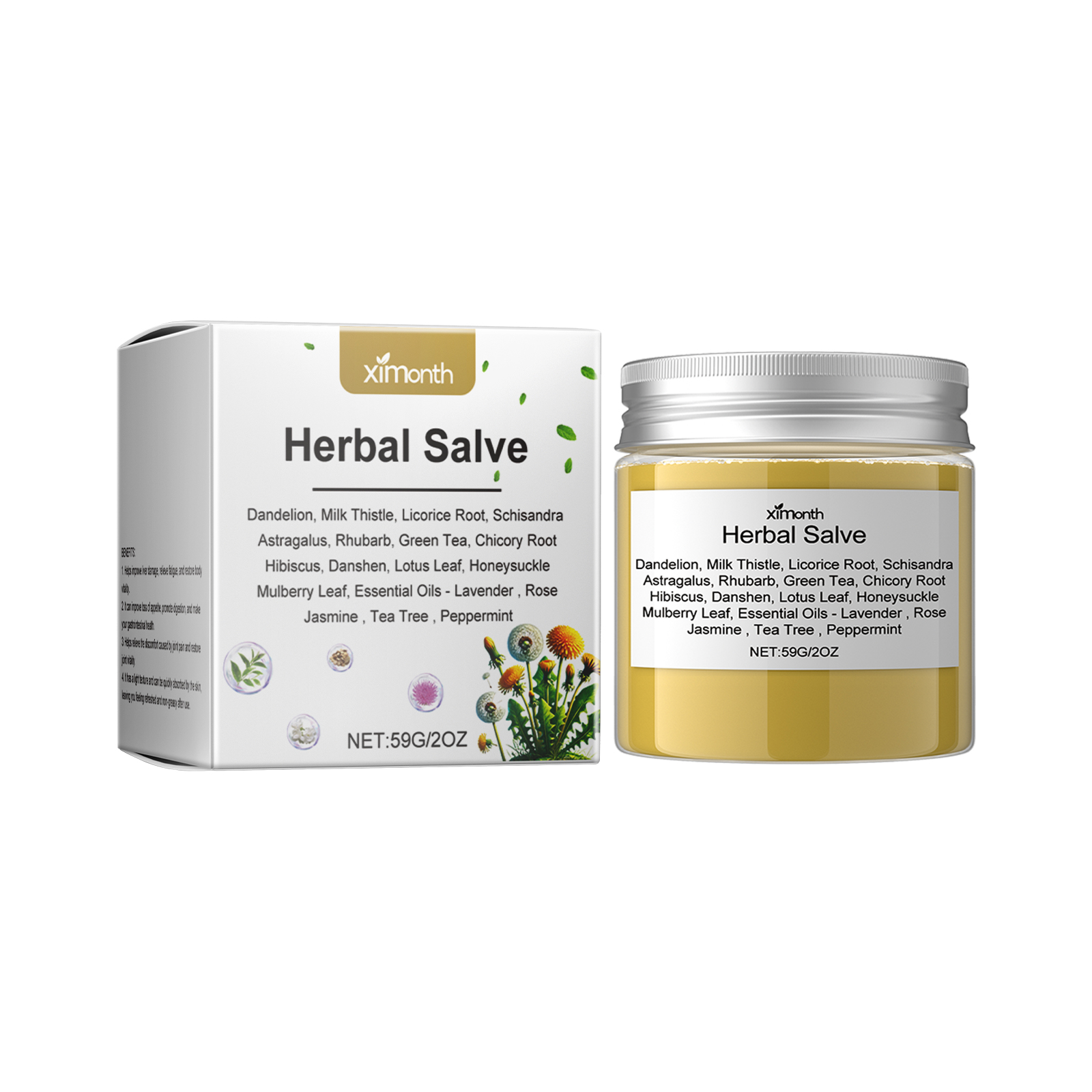 Botanical salve packaging and ingredient list