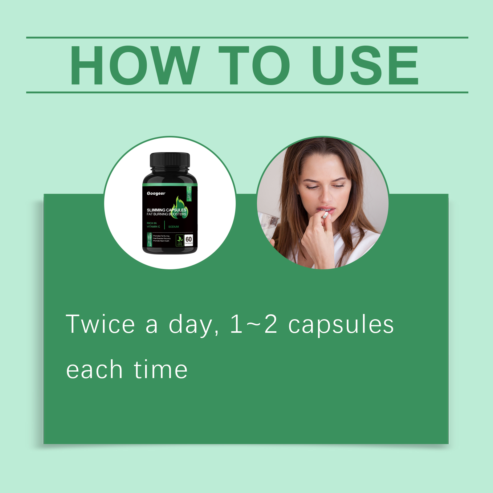 Instruction graphic showing capsule use twice daily