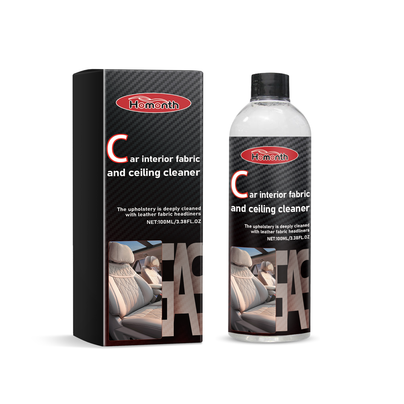 Full-size cleaner bottle standing beside carton