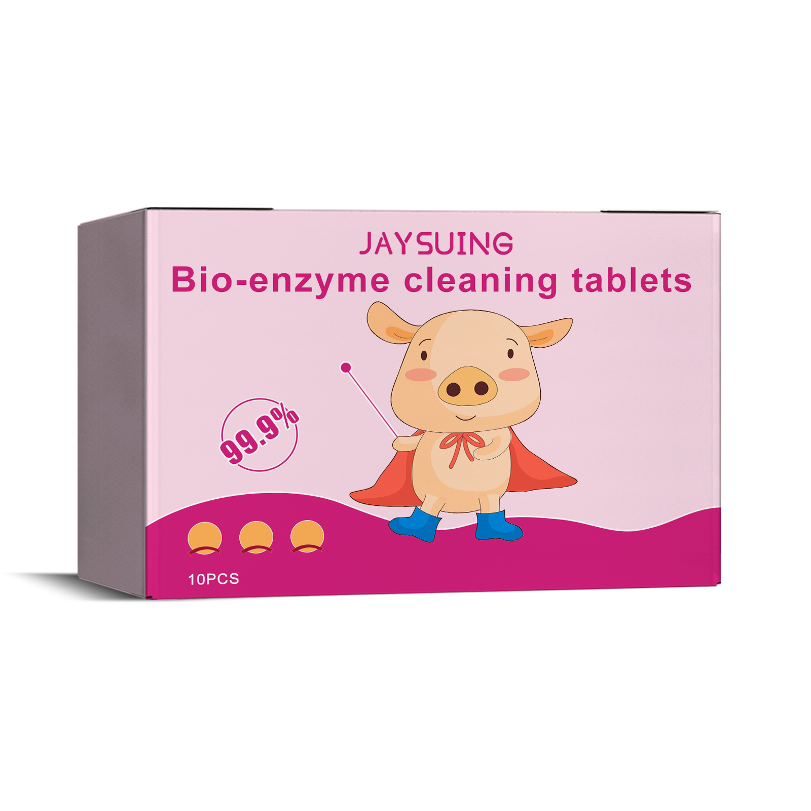 Glossy pink carton showing bio-enzyme cleaning tablet packaging