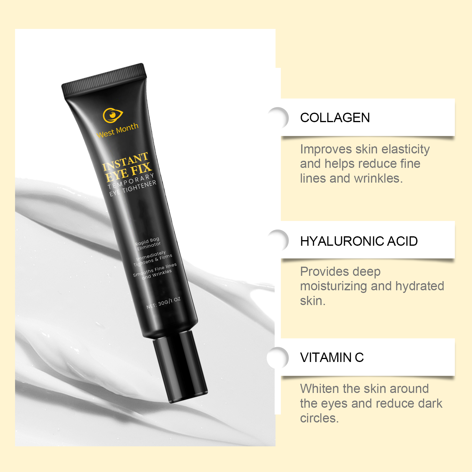Eye cream tube beside creamy texture and ingredient callouts