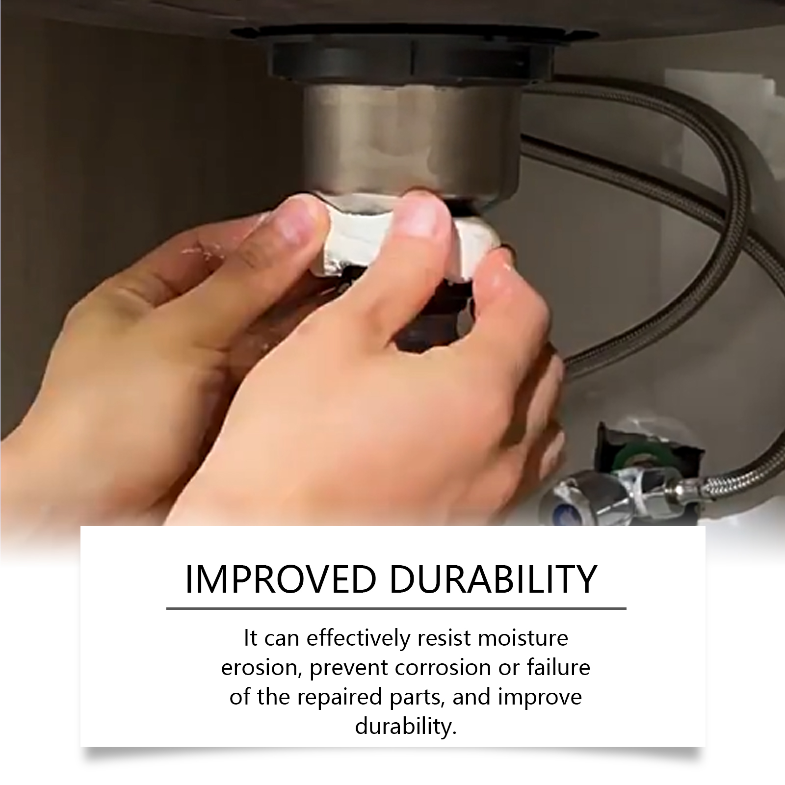 Gloved hands applying putty to plumbing drain