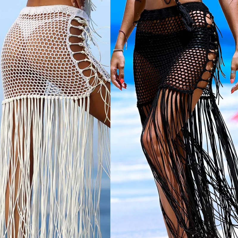 European and American fake sunscreen hand hook woven hip skirt with hollowed out long tassels