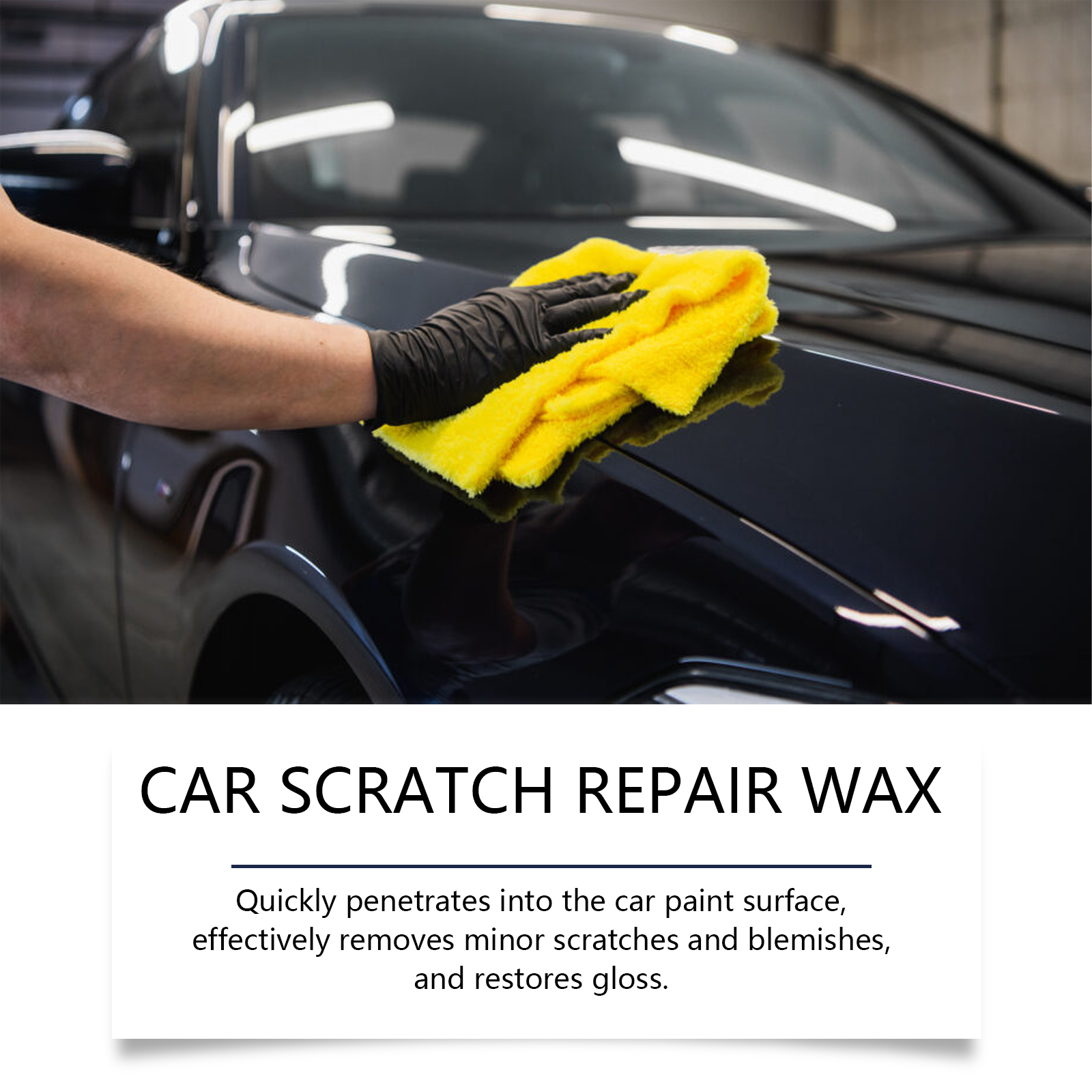 Gloved hand polishing glossy vehicle paint panel