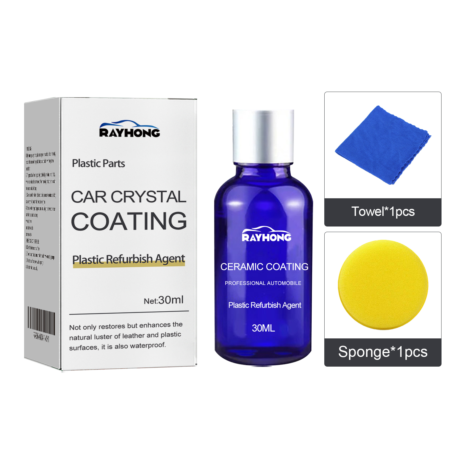 Rayhong bottle with included sponge and blue towel
