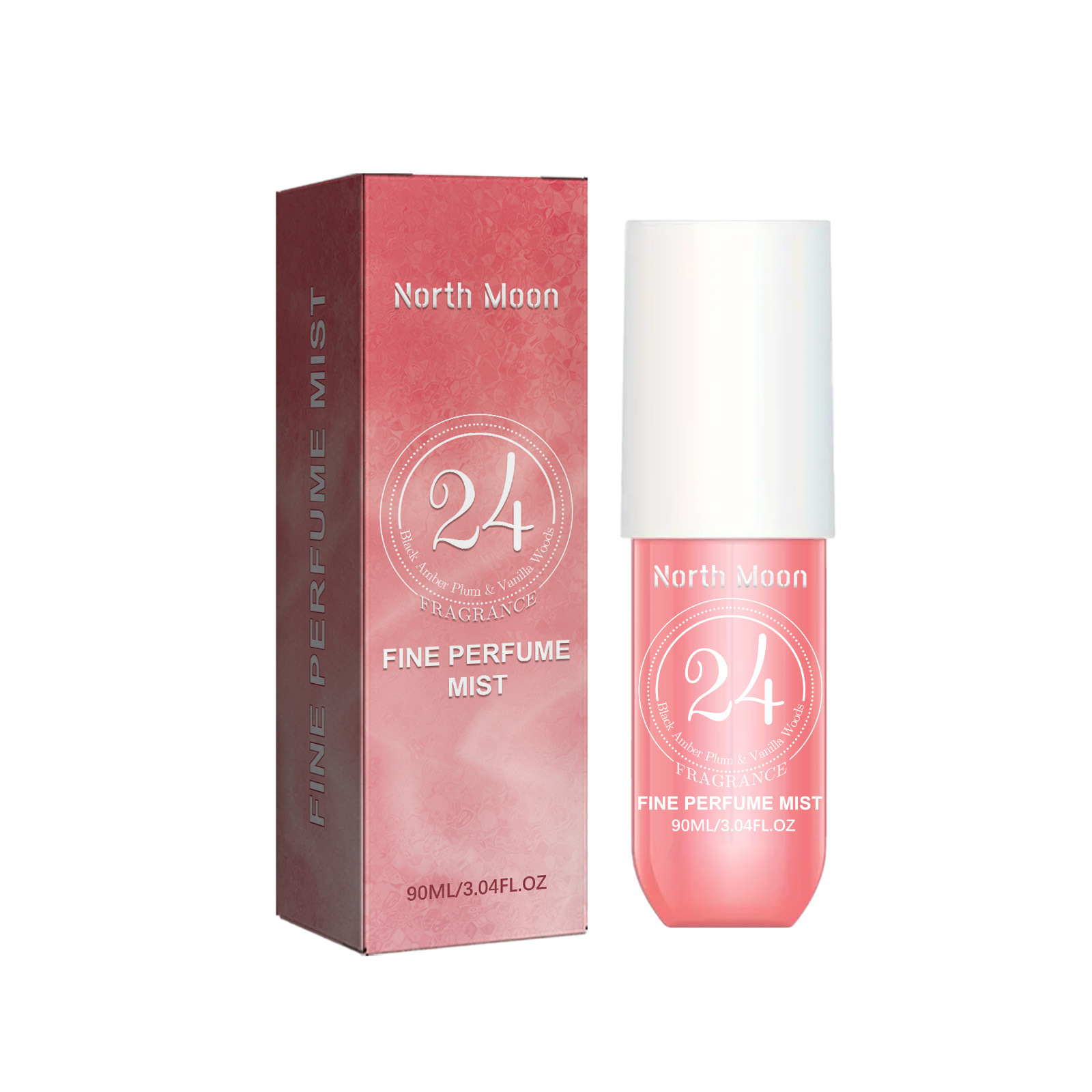 Pink perfume mist bottle with white protective cap