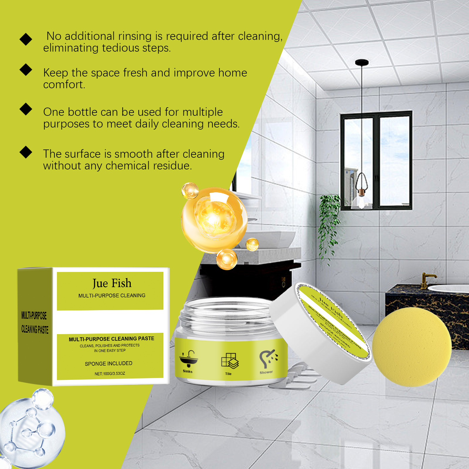 Cleaning paste beside smooth cleaned bathroom surfaces