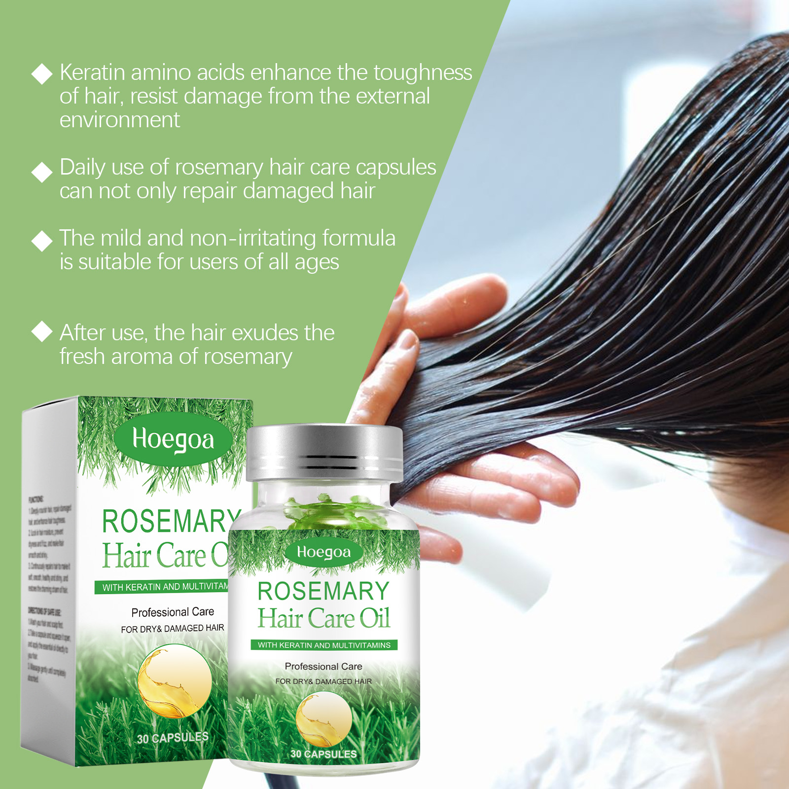 Rosemary capsule bottle with ingredient care details