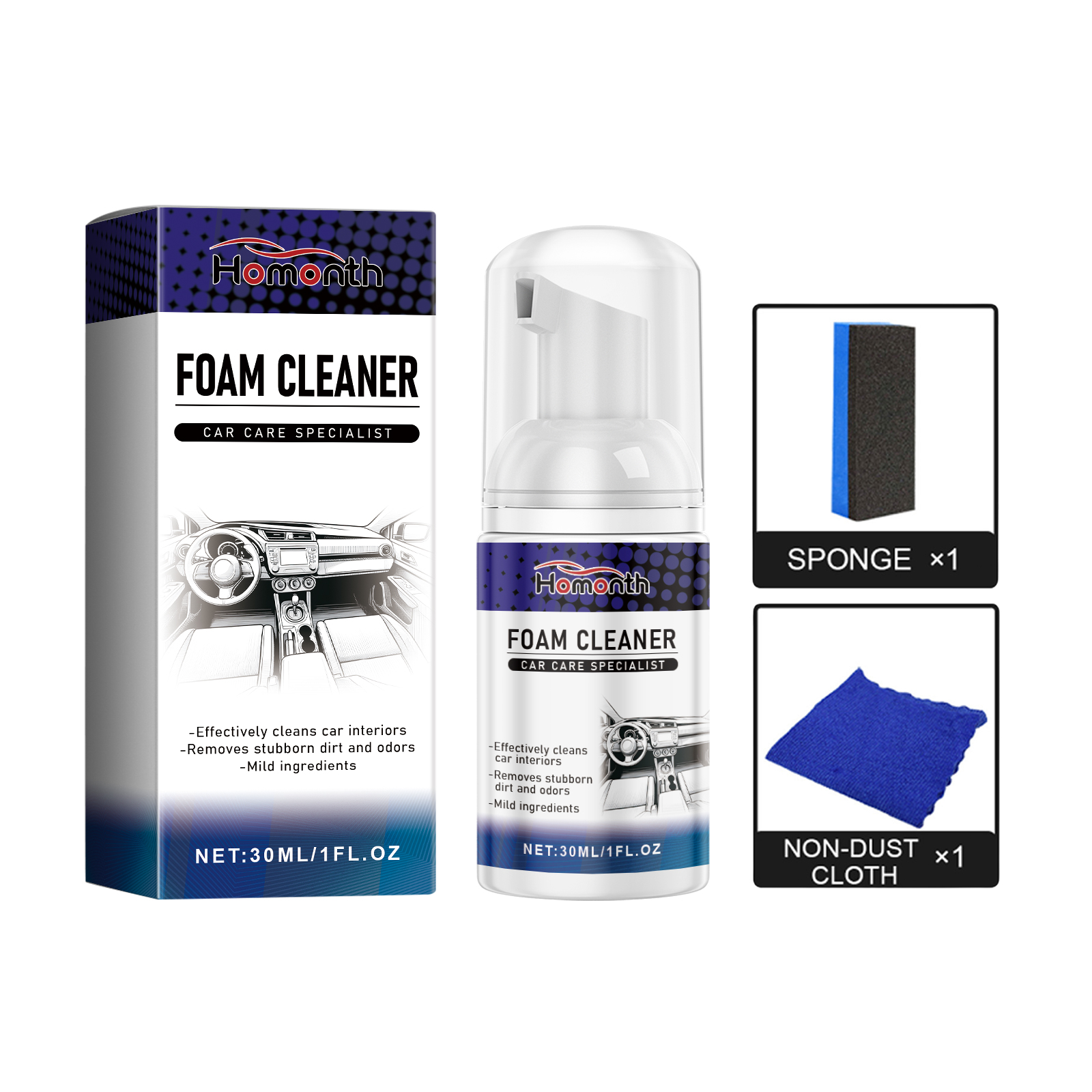 Foam cleaner bottle with included sponge and cloth
