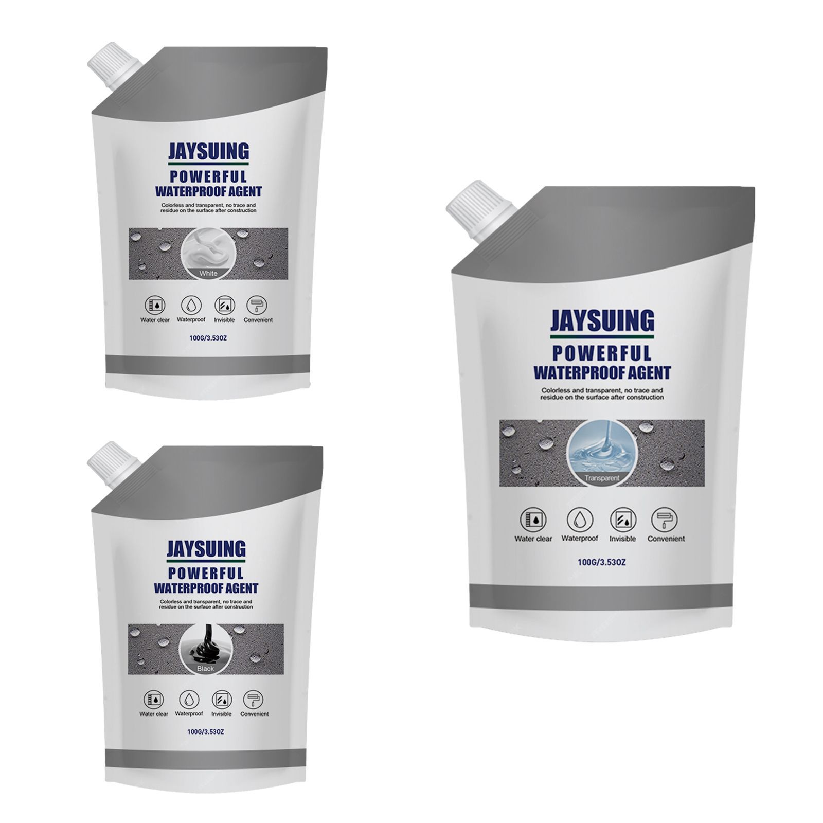 Clear-finish waterproof agent pouches with water droplet labeling
