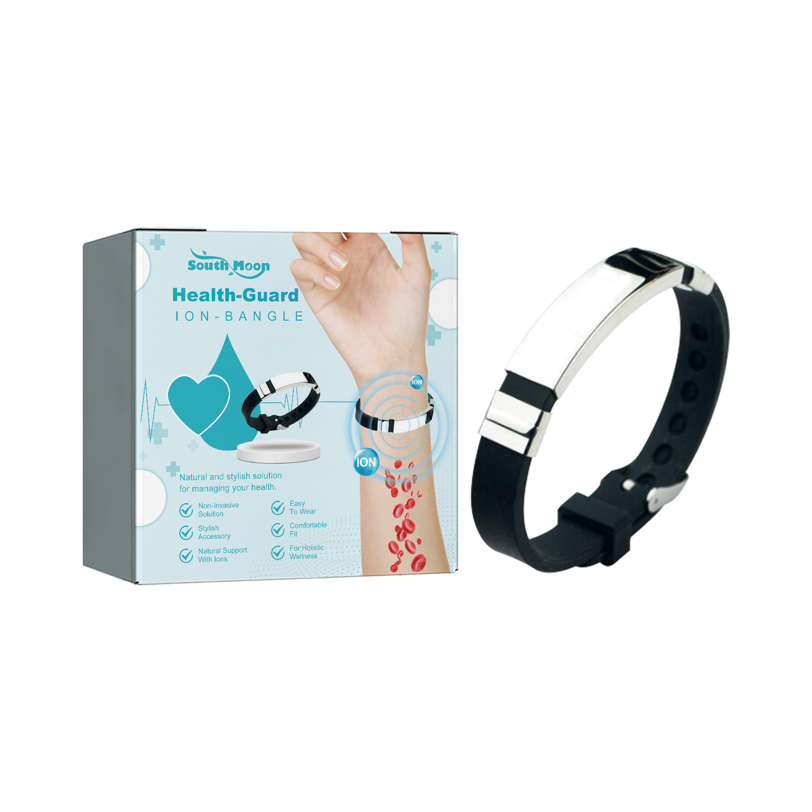Polished silver centerpiece on black wearable band